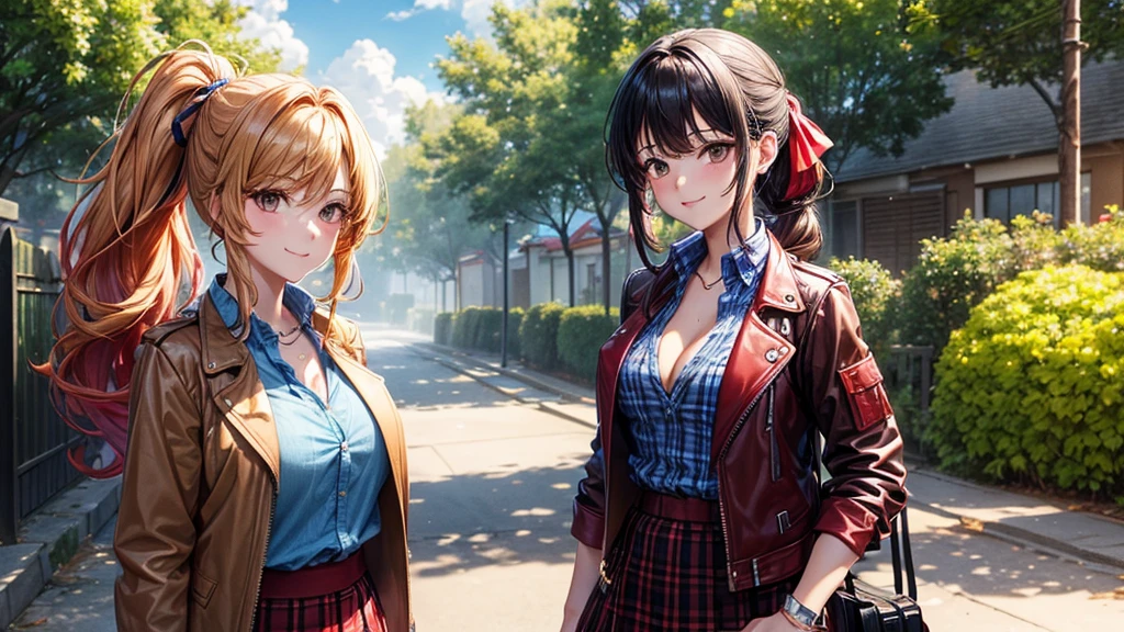 1girl, summer, village, trees, sun, clouds, ((colorful hair)), long hair, curly hair, ponytail, large breasts, button down shirt, ((blue checked shirt)), ((unbuttoned shirt)), cleavage 1:3, brown eyes, ((opened brown zipper jacket)), leather jacket, ((red black skirt)), smile, looking at the viewer, touching neck, standng, hair ribbon, golden necklate