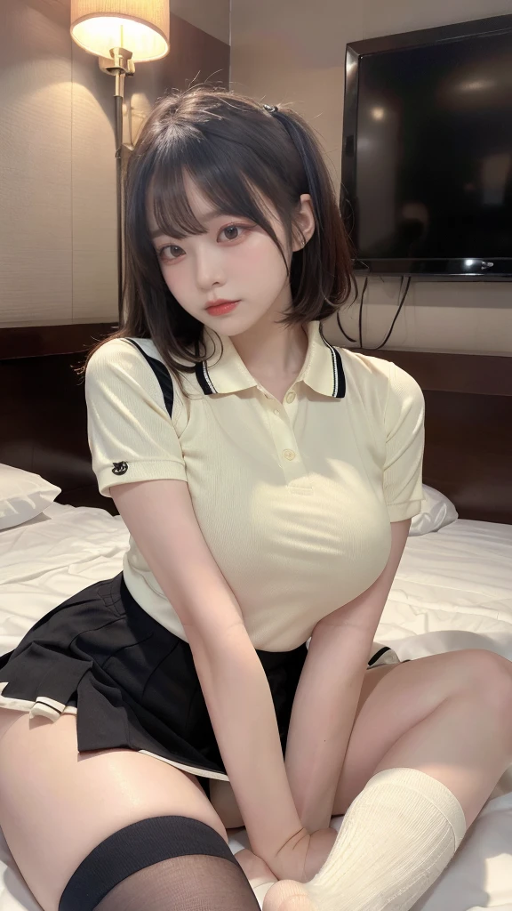 pieces fly, highest quality, figure, Super detailed, small details, High resolution, 8K,wallpaper, perfect dynamic composition, (Detailed high quality, realistic depiction of eyes:1.3), (collared polo shirt), pleated skirt, knee high socks, short bob hair, lying down, black hair color, big natural color lip, bold sexy pose, (perfect body shape), crying a little、cold gaze, harajuku style、20 year old girl、cute type、lolita、beautiful feet, hotel room, Gravure idol pose, plump thighs