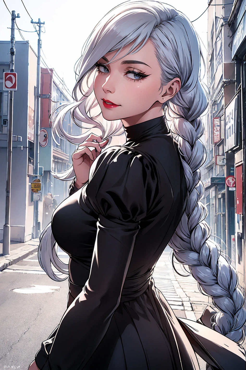 ultra realistic 8k cg, masterpiece, ((ultra detailed background, delicate pattern, intricate detail)), (highly detailed, fine details), best quality, 1girl, (photorealistic:1.4),beautiful lighting, absurdres, RAW photo, film grain, ((medium breasts, slim girl)), 1girl, MeiMei, solo, long hair, braid, dress, hair over one eye, smile, long sleeves, braided bangs, black dress, braided ponytail, white hair, puffy sleeves, holding, turtleneck dress, makeup, grey hair, red lips, one eye covered, lipstick, parted lips, single braid, (complex detailed background, outside, urban environment),