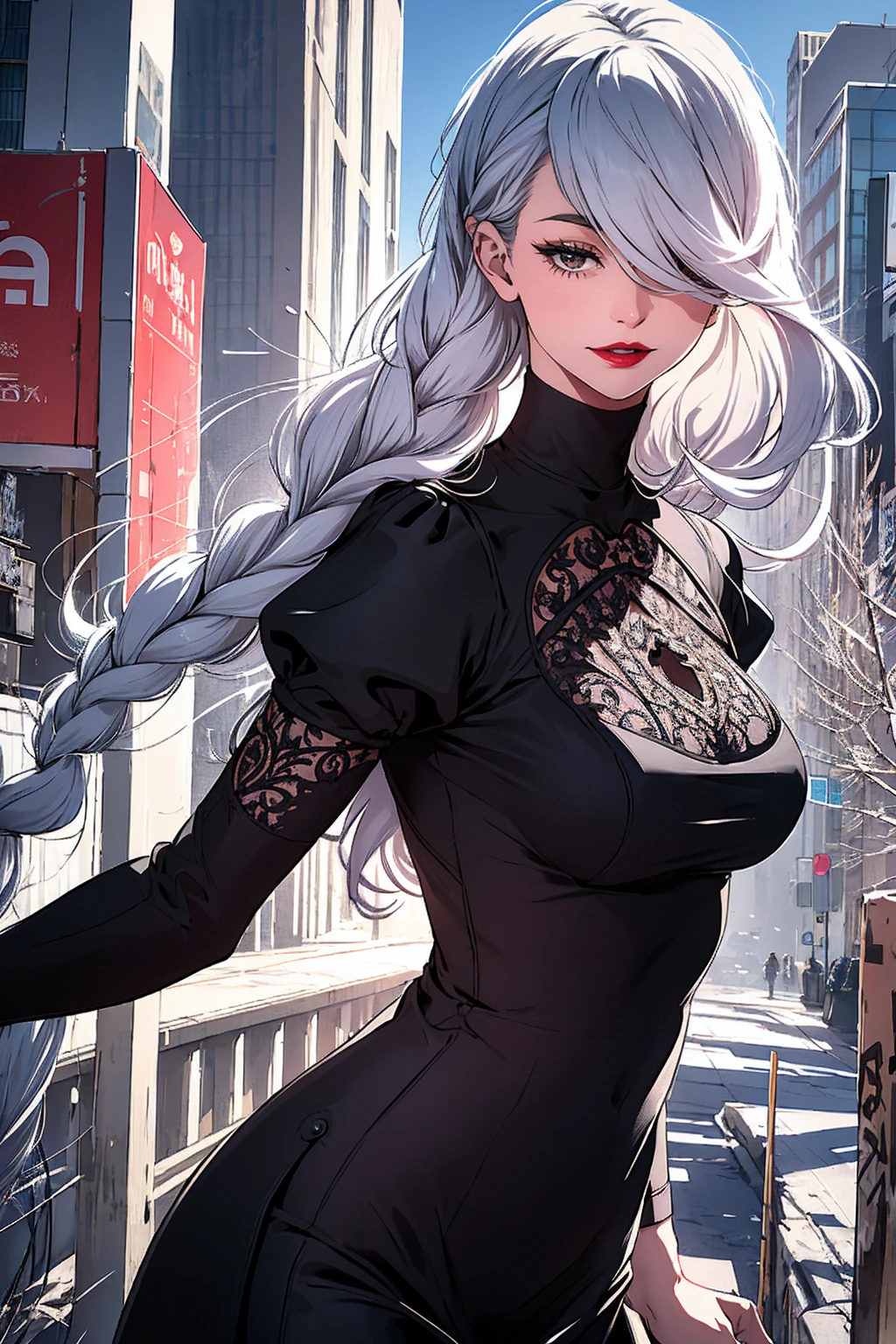 ultra realistic 8k cg, masterpiece, ((ultra detailed background, delicate pattern, intricate detail)), (highly detailed, fine details), best quality, 1girl, (photorealistic:1.4),beautiful lighting, absurdres, RAW photo, film grain, ((medium breasts, slim girl)), 1girl, MeiMei, solo, long hair, braid, dress, hair over one eye, smile, long sleeves, braided bangs, black dress, braided ponytail, white hair, puffy sleeves, holding, turtleneck dress, makeup, grey hair, red lips, one eye covered, lipstick, parted lips, single braid, (complex detailed background, outside, urban environment, cowboy shot, from behind),