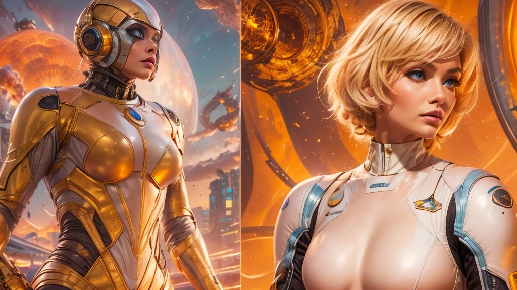 arafed image of a white woman in a futuristic suit with a spaceship in the background, movie art, in front of an orange background, inspired by Robert McGinnis, female protagonist, megastructure in the background, portrait of an ai astronaut, astronauts, an astronaut, portrait of a astronaut skeletor, perfect android girl, detailed eyes, frank franzzeta and sakimichan  