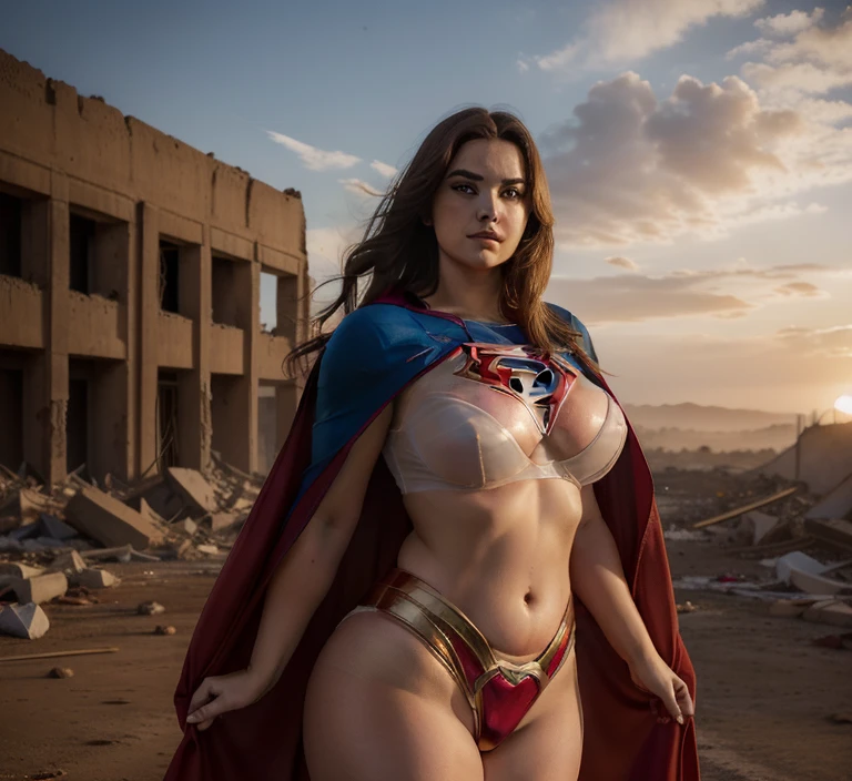 Loira plus size naked supergirl, Background of an apocalyptic destroyed city, (((master part, best quality, Ultra Detalhado, alta qualidade, best resolution, Absurdo))), 1girl((Supergirl loira plus size), 30 anos, Beautiful woman, rosto detalhado, longos cabelos loiros, cabelos soltos, belos olhos azuis expressivos brilhantes, sexy, Corpo PlusSize, barriga saliente, Seios enormes:1.5 perfeitos, corpo inteiro, traje sexy transparente de supergirl, calcinha vermelha.