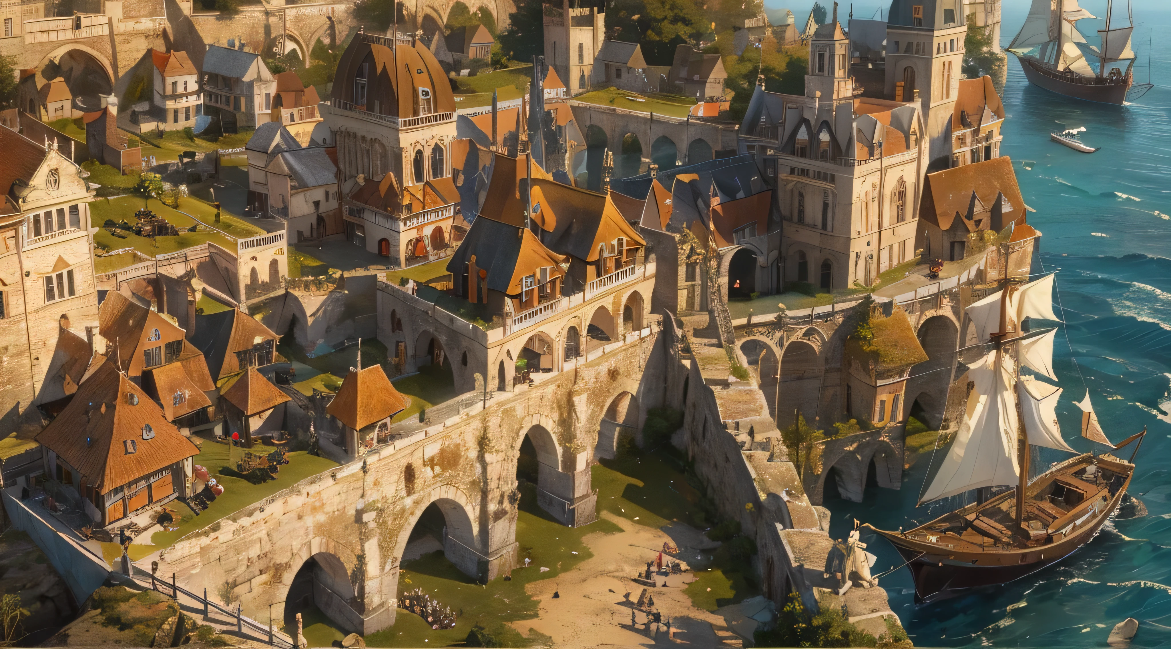 (by Greg Rutkowski: 1.2), (masterpiece), medieval coastal city, dungeon and dragons, ships (best quality,4k,8k,highres,masterpiece:1.2),ultra-detailed,(realistic,photorealistic,photo-realistic:1.37),ancient architecture,dense stone buildings,imposing castle,tall towers,curved cobblestone streets,narrow passageways,ornate gates,medieval harbor,massive stone walls,booming marketplace,bustling docks,maritime activities,merchant ships,sailors and fishermen,vibrant colors,gothic aesthetic,majestic dragons,intricate dungeons,mysterious creatures,dark and mystical atmosphere,moonlit night sky,flickering torches,shadows and secrets,hidden treasures,adventurers on a quest,magic spells and potions,epic battles and brave warriors,medieval folklore and legends,rich history and culture,seafaring exploration,seagulls soaring above,gentle ocean breeze,serene coastal beauty,amber sunset over the horizon.