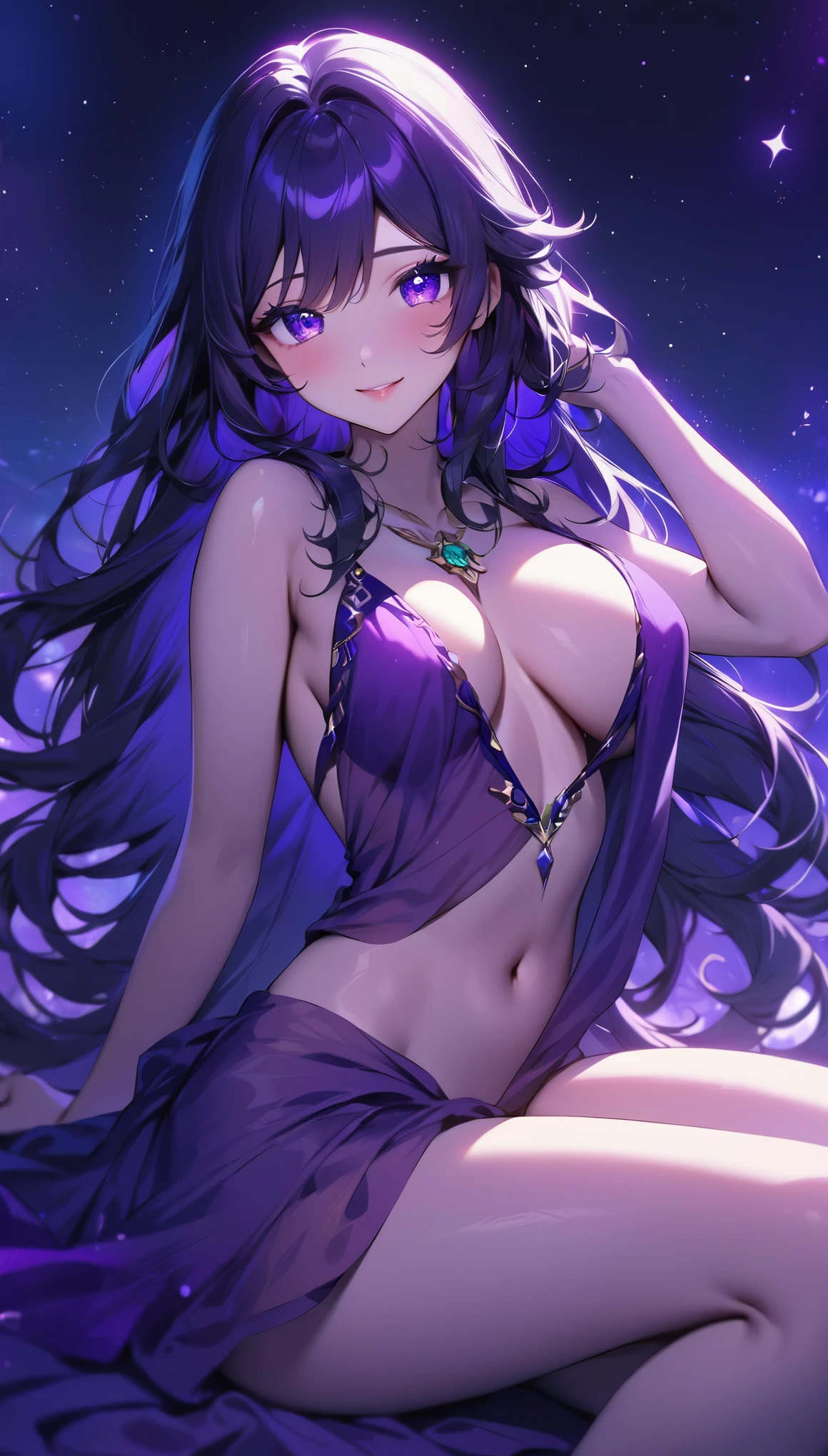 (best quality, masterpiece:1.2),1girl, solo,raidengenshin,beautiful detailed eyes,beautiful detailed lips,extremely detailed eyes and face,long eyelashes,(vivid colors,purple,hues of purple color:saturated), Large Breast,revealing Purple V-neck blouse,exposed chest,loose sarong with green Kuja symbol,slender legs,night stargazing,beautiful smile,happy expression,joyful,charming lady