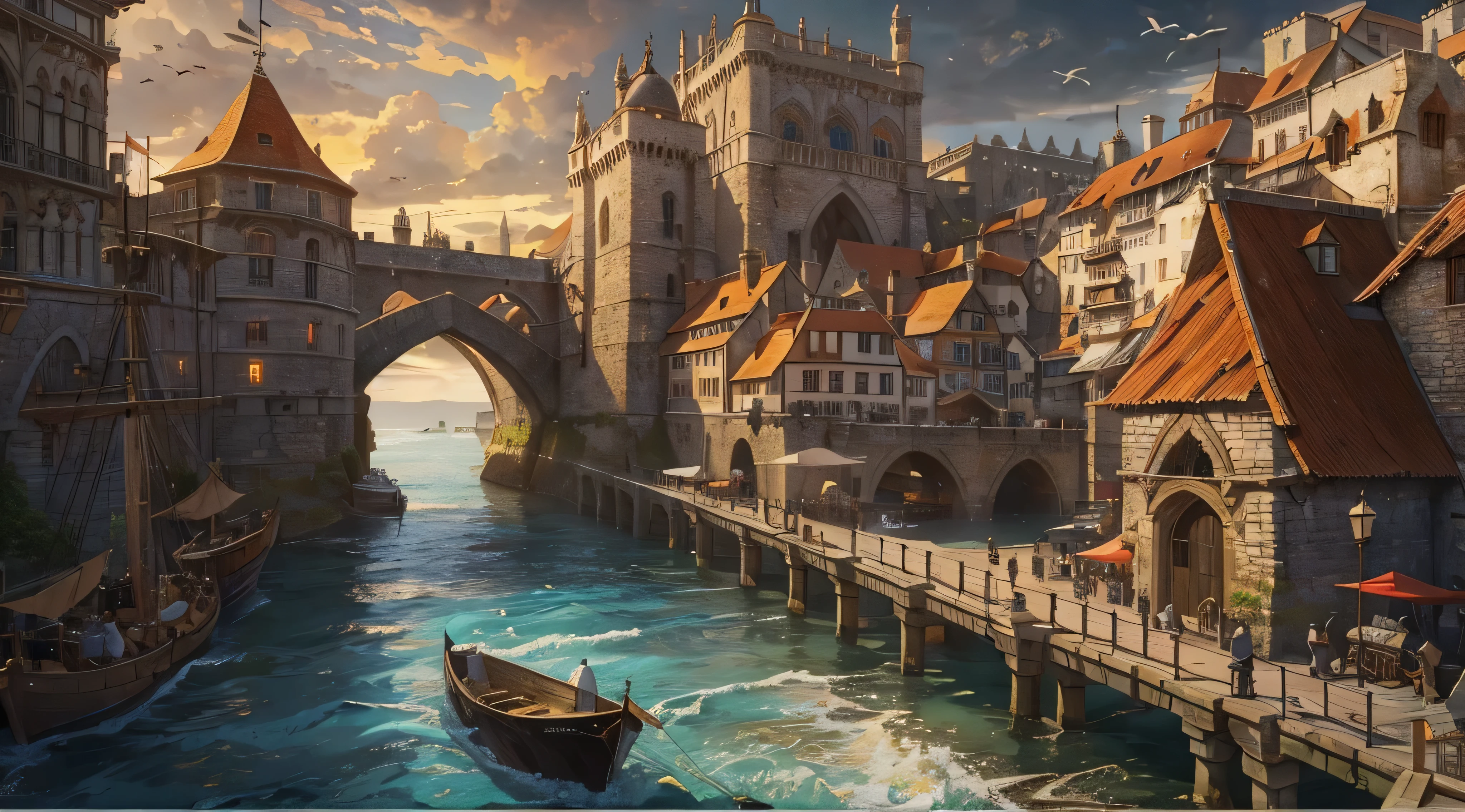 (by Greg Rutkowski: 1.2), (masterpiece), medieval coastal city, dungeon and dragons, ships (best quality,4k,8k,highres,masterpiece:1.2),ultra-detailed,(realistic,photorealistic,photo-realistic:1.37),ancient architecture,dense stone buildings,imposing castle,tall towers,curved cobblestone streets,narrow passageways,ornate gates,medieval harbor,massive stone walls,booming marketplace,bustling docks,maritime activities,merchant ships,sailors and fishermen,vibrant colors,gothic aesthetic,majestic dragons,intricate dungeons,mysterious creatures,dark and mystical atmosphere,moonlit night sky,flickering torches,shadows and secrets,hidden treasures,adventurers on a quest,magic spells and potions,epic battles and brave warriors,medieval folklore and legends,rich history and culture,seafaring exploration,seagulls soaring above,gentle ocean breeze,serene coastal beauty,amber sunset over the horizon.