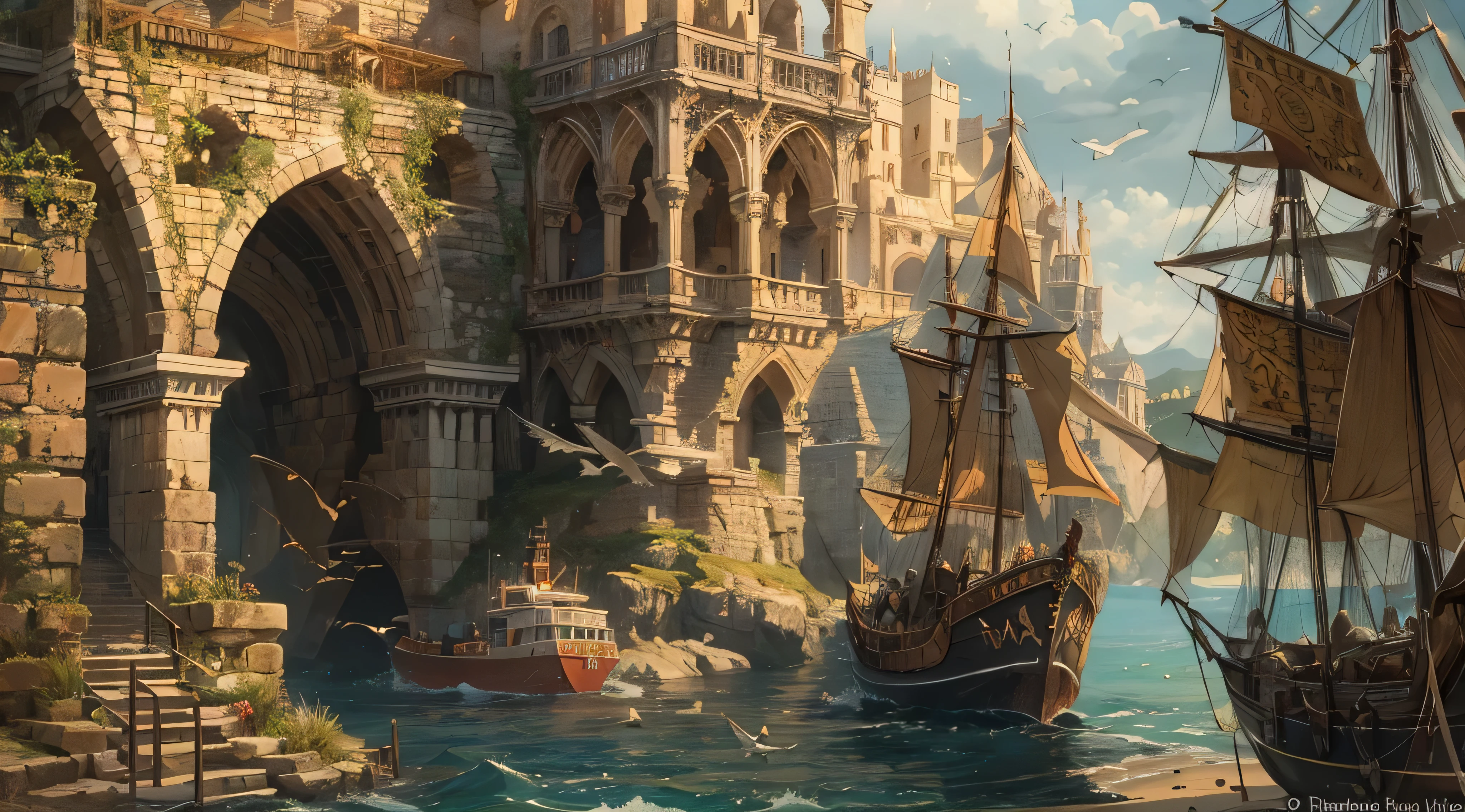 (by Greg Rutkowski: 1.2), (masterpiece), medieval coastal city, dungeon and dragons, ships (best quality,4k,8k,highres,masterpiece:1.2),ultra-detailed,(realistic,photorealistic,photo-realistic:1.37),ancient architecture,dense stone buildings,imposing castle,tall towers,curved cobblestone streets,narrow passageways,ornate gates,medieval harbor,massive stone walls,booming marketplace,bustling docks,maritime activities,merchant ships,sailors and fishermen,vibrant colors,gothic aesthetic,majestic dragons,intricate dungeons,mysterious creatures,dark and mystical atmosphere,moonlit night sky,flickering torches,shadows and secrets,hidden treasures,adventurers on a quest,magic spells and potions,epic battles and brave warriors,medieval folklore and legends,rich history and culture,seafaring exploration,seagulls soaring above,gentle ocean breeze,serene coastal beauty,amber sunset over the horizon.