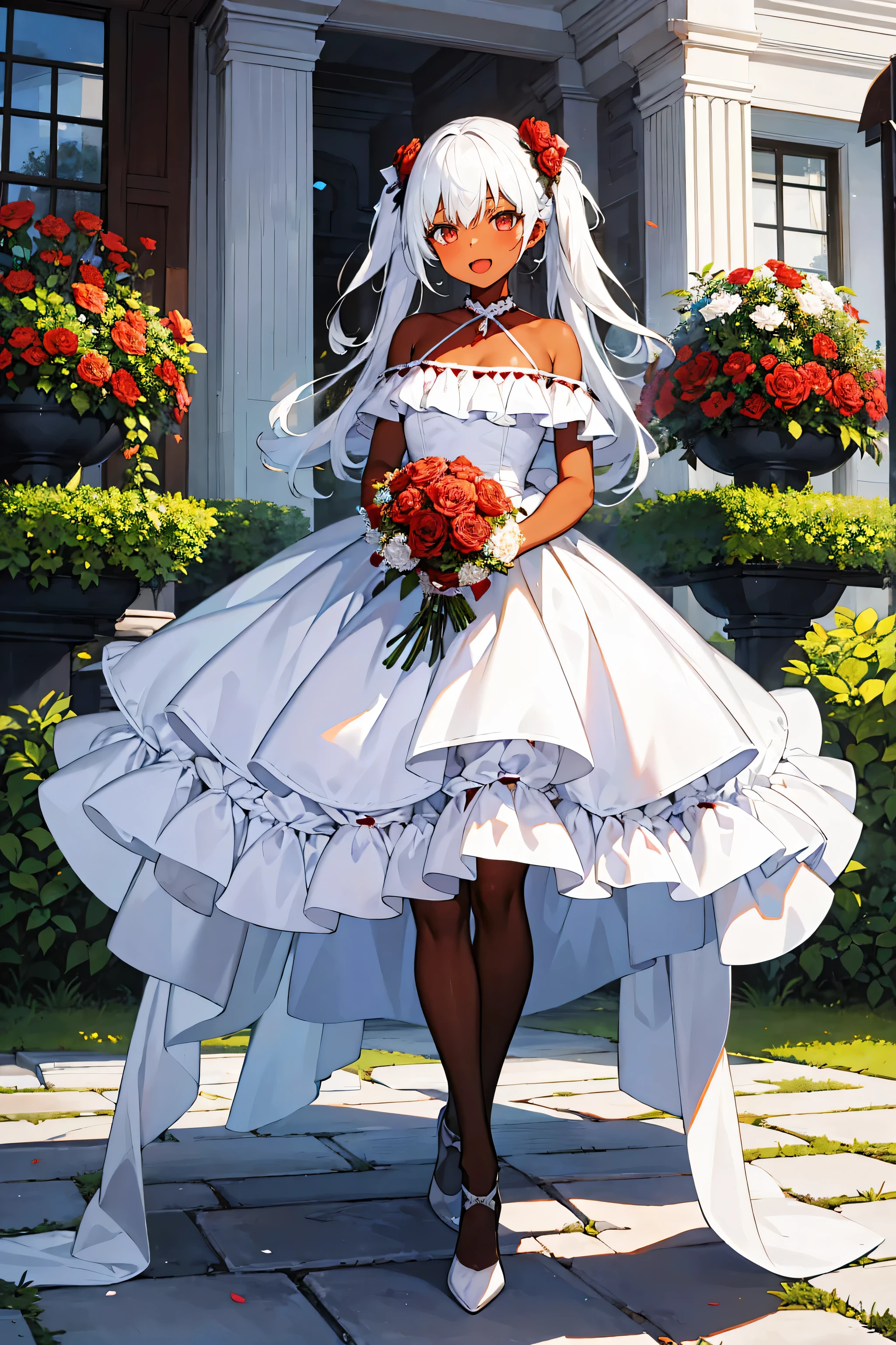 masterpiece, best quality, 1girl,full body,twin tail,bright White Hair,Red eyes,dark skin,looking at the viewer, ((holding a bouquet)),red rose bouquet,open mouth smile,I'm in a flower garden,white evening dress,Stand with your feet shoulder-width apart