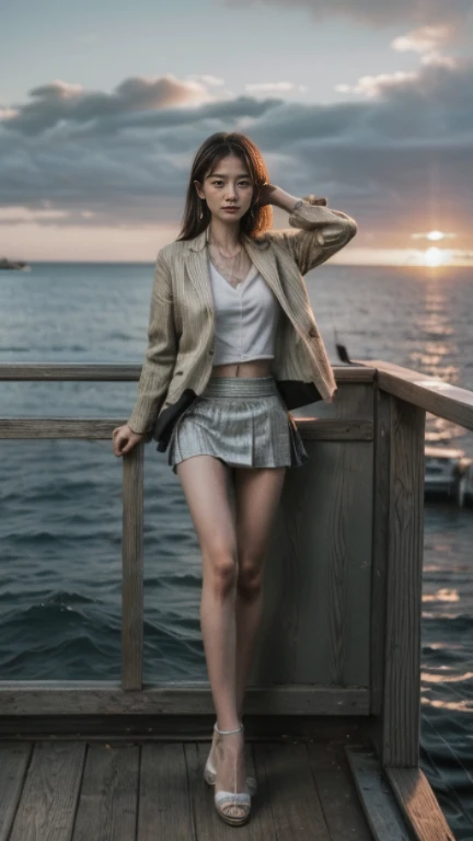 Film Style、8k、Ultra HD resolution、Inspired by the 007 movie、Storytelling、Ultra HD resolution、((best quality, Highest image quality, high resolution, Practical, original photo, 8k)), ((perfect composition、Golden Ratio))、(Full body female love),A beautiful lady sitting on the railing, Looks like Yang Mi,seaside,Perfect body,(((Wearing a women's suit jacket、Intricate short skirts:1.2))),Detailed knitted fabric,belly button,Sexy long legs,Spread your legs,Water splashing on thighs,Sexy high heels,space art,Slim abdominal muscles,,Beautiful face,Very detailed的脸部细节,smart eyes,
Film Art Theme, High Detail, Very detailed,Practical, Photo quality, high quality, (photoPractical:1.4), Storytelling的情景,Perfect work of art,real background,At sunset,The endless sea in the background,Spread your legs