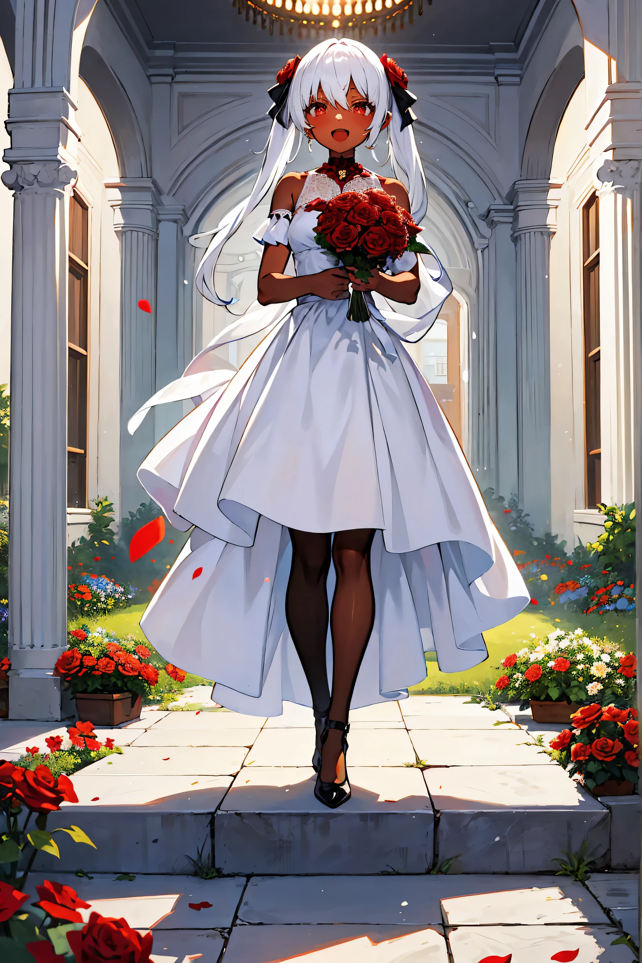masterpiece, best quality, 1girl,full body,twin tail,bright White Hair,Red eyes,dark skin,looking at the viewer, ((holding a bouquet)),red rose bouquet,open mouth smile,I'm in a flower garden,white evening dress,Stand with your feet shoulder-width apart