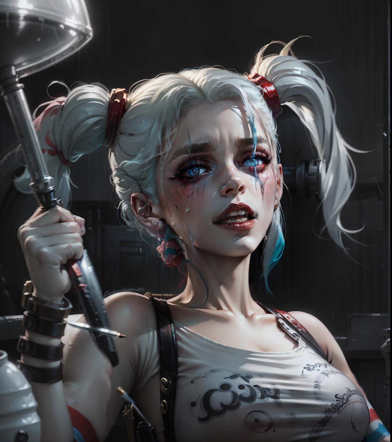 there is a woman with a large knife and a dress, inspired by WLOP, portrait of harley quinn, portrait of jinx from arcane, harley quinn, greyscale, mostly greyscale, artwork in the style of guweiz, jinx expression, drawn in the style of artgerm, monochromatic airbrush painting, artgerm detailed, harley queen