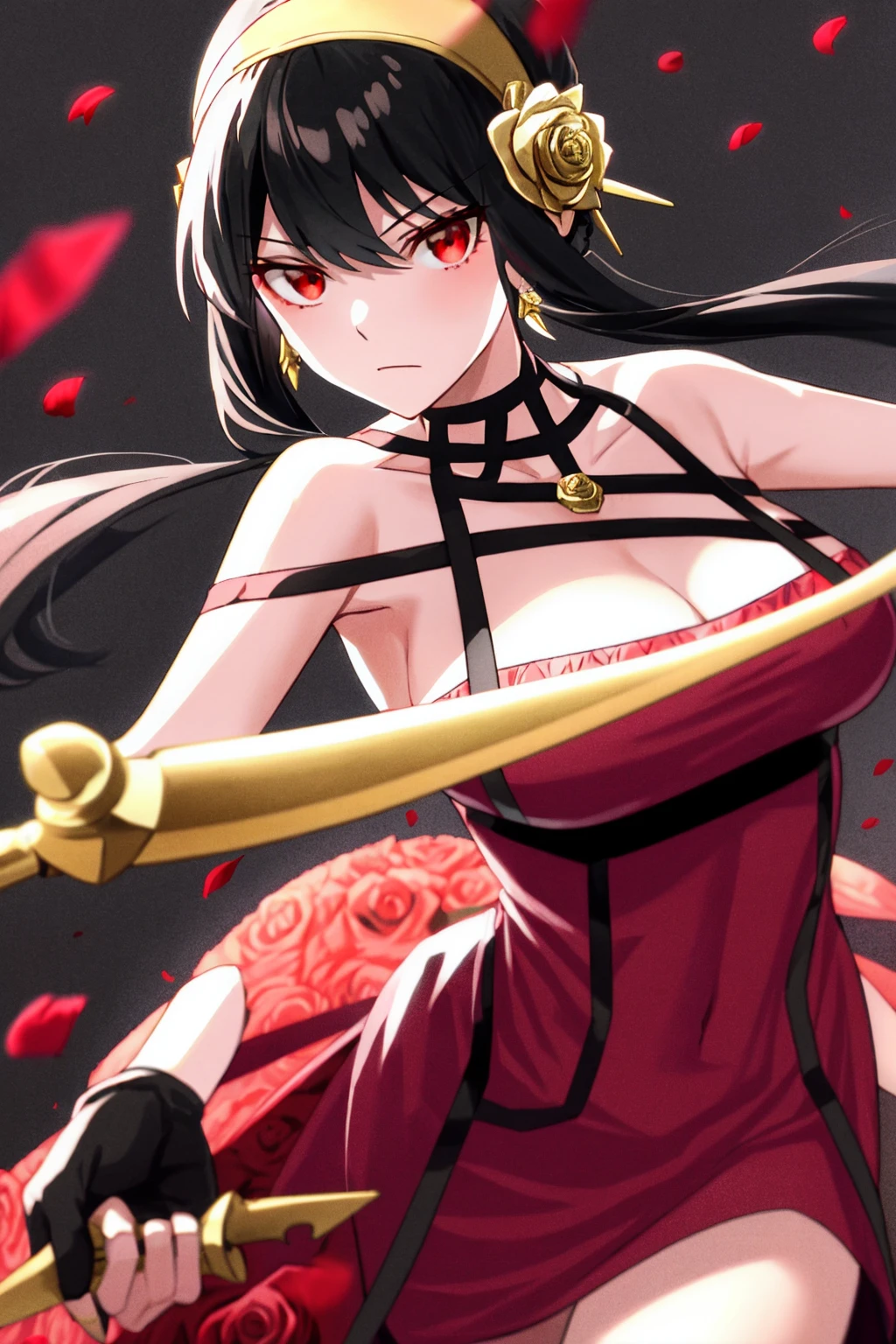 yor briar,
1girl, backlighting, bare shoulders, black background, black dress, black gloves, black hair, blood, blood on face, blood on weapon, breasts, closed mouth, cowboy shot, dress, earrings, expressionless, fingerless gloves, floating hair, floral print, flower, gloves, gold earrings, gold hairband, hair flower, hair ornament, hairband, holding, holding weapon, jewelry, large breasts, light particles, long hair, looking at viewer, off-shoulder dress, off shoulder, petals, red eyes, rose, rose petals, rose print, short hair with long locks, sidelocks, solo, spikes, thighs, two-sided dress, two-sided fabric, weapon
, ((masterpiece))