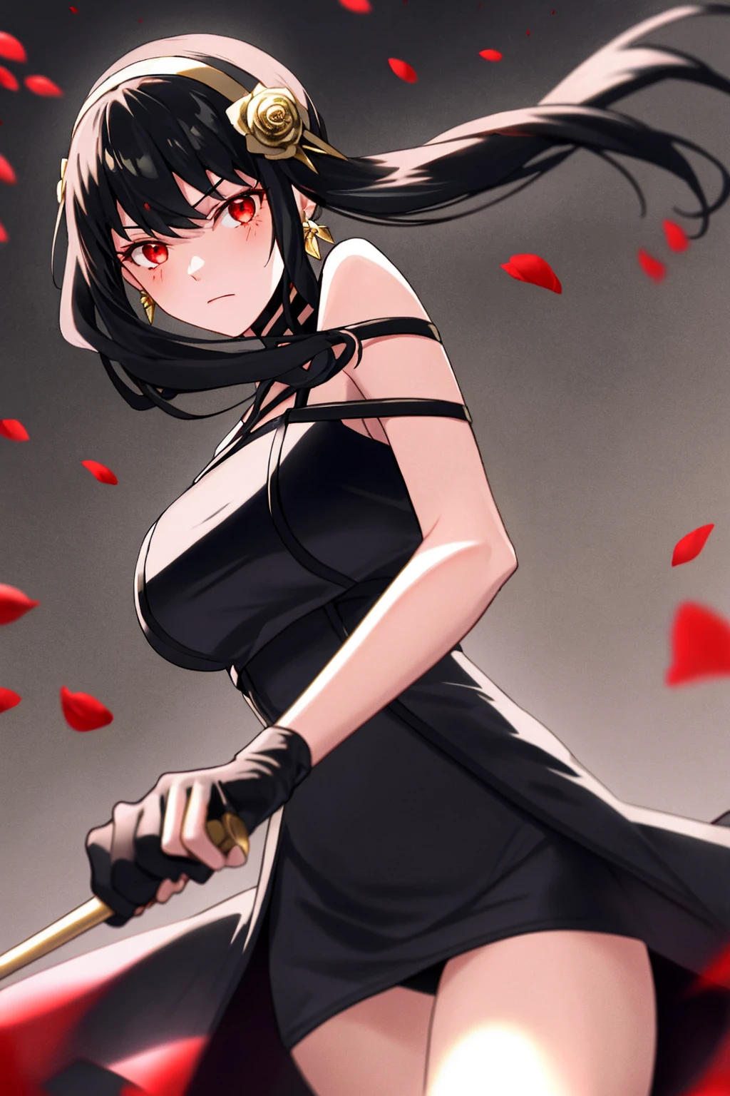 yor briar,

1girl, backlighting, bare shoulders, black background, black dress, black gloves, black hair, blood, blood on face, blood on weapon, breasts, closed mouth, cowboy shot, dress, earrings, expressionless, fingerless gloves, floating hair, floral print, flower, gloves, gold earrings, gold hairband, hair flower, hair ornament, hairband, holding, holding weapon, jewelry, large breasts, light particles, long hair, looking at viewer, off-shoulder dress, off shoulder, petals, red eyes, rose, rose petals, rose print, short hair with long locks, sidelocks, solo, spikes, thighs, two-sided dress, two-sided fabric, weapon

, ((masterpiece))