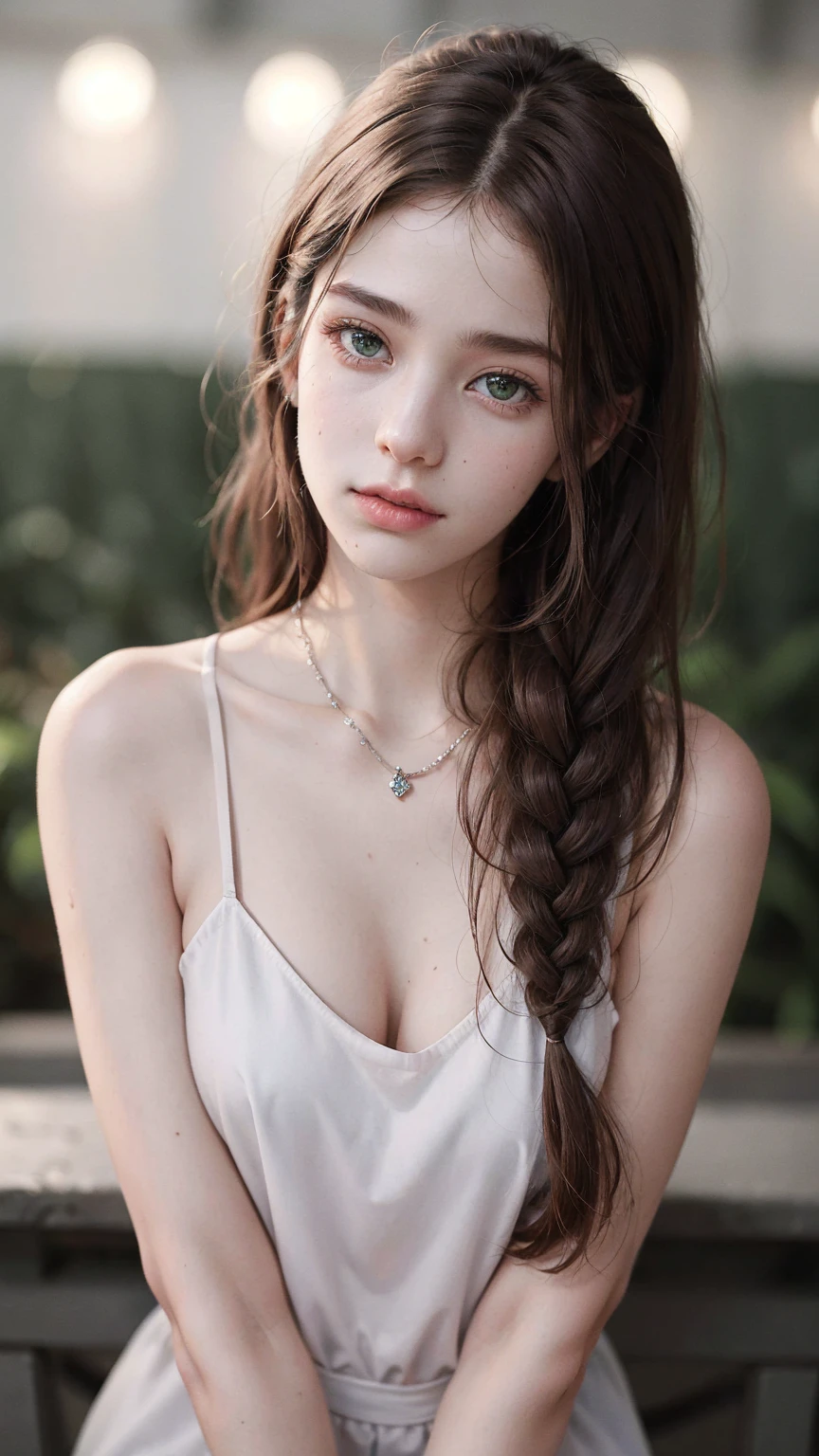 8k, RAW Photography, portrait, top-quality, ultra high resolution, Braid, piercings, Photorealistic, a adorable girl, full bodyesbian, red hair, Green eyes, a necklace, a smile, eye lashes, cinema lighting, depth of fields, lens-flare, camisole, masterpiece, extremely detailed eyes and face, bokeh, silky smooth skin, long beautiful hair, gray nit short dress, full body shot, 14 year old 