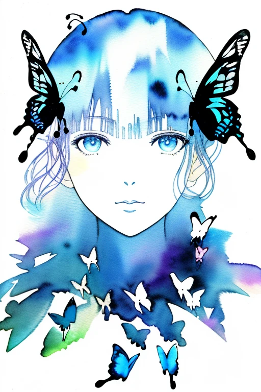 (Double Exposure)、White Background、(solo)、(Ink and watercolor)、赤みを帯びたbutterfly、Dripping、((butterfly))、masterpiece、highest quality