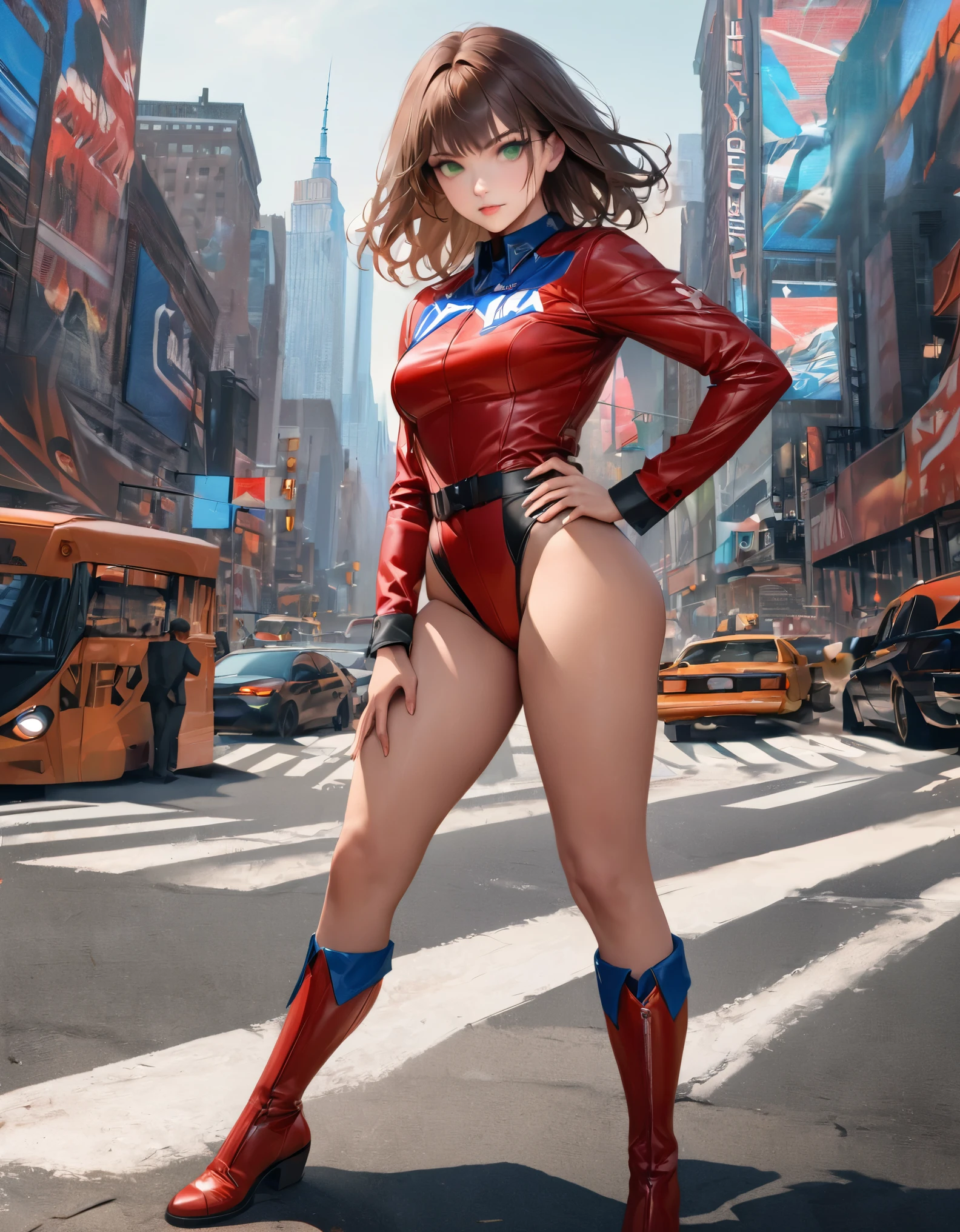 ((best quality)), ((masterpiece)), ((ultra realistic)), (dynamic heroic pose), solo, solo focus, american, beautiful detailed face, detailed eyes, sexy reporter, ((dressed in a red leotard with blue accents)), new york city backdrop, highly detailed, professional, bare legs, full body), hands on hip, standing, ((brown hair, medium hair)), green eyes, matching boots, yellow boots, ((long sleeves, yellow cuffs)), ((yellow hawk symbol on chest)), ((blue cape)), cowboy shot, ((fastened tight belt,gold belt), (perfect hands, complete fingers, perfect anatomy, perfect proportions), full body with costume.