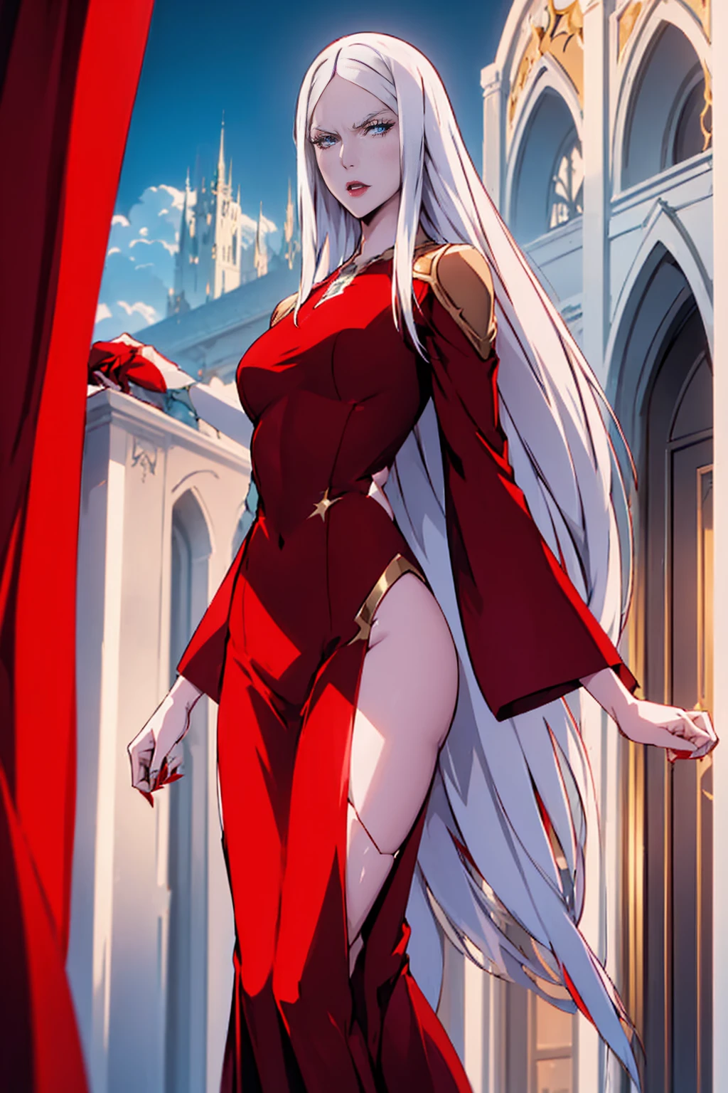 (Absurd, high quality, ultra -compared, careful with the hand) Carmilla,outside, high quality,4k, red long dress, upper body, looking at view, portrait