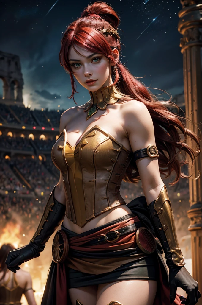 stunning girlfriend, heart shaped face, elegant face, beautiful face, highly detailed face, highly detailed skin, skin pores, subsurface scattering, realistic pupils, full lips, detailed background, depth of field, atmospheric perspective, volumetric lighting, sharp focus, absurdres, realistic proportions, good anatomy, (realistic, hyperrealistic:1.4), 16k hdr, ((best quality)), ((highly detailed)), absurdres, (detailed eyes, deep eyes), (1girl), full body, pyrrha nikos, rwby, red hair, ponytail, green eyes, medium breasts, smiling, circlet, bustier, bare shoulders, skirt, elbow gloves, bracers, armored boots, (night, stars, inside Colosseum, crowd, (crowd wearing traditional Greek clothing))