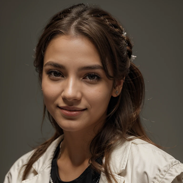 Criar minha foto com penteado rabo de cavalo, cabelo castanho, right hand sign of v for victory, piscando o olho direito, com um sorriso.1 garota, olho estrela, corar, perfect lighting, olhos castanhos, side lighting, franja, pele brilhante, jaqueta branca, fundo simples