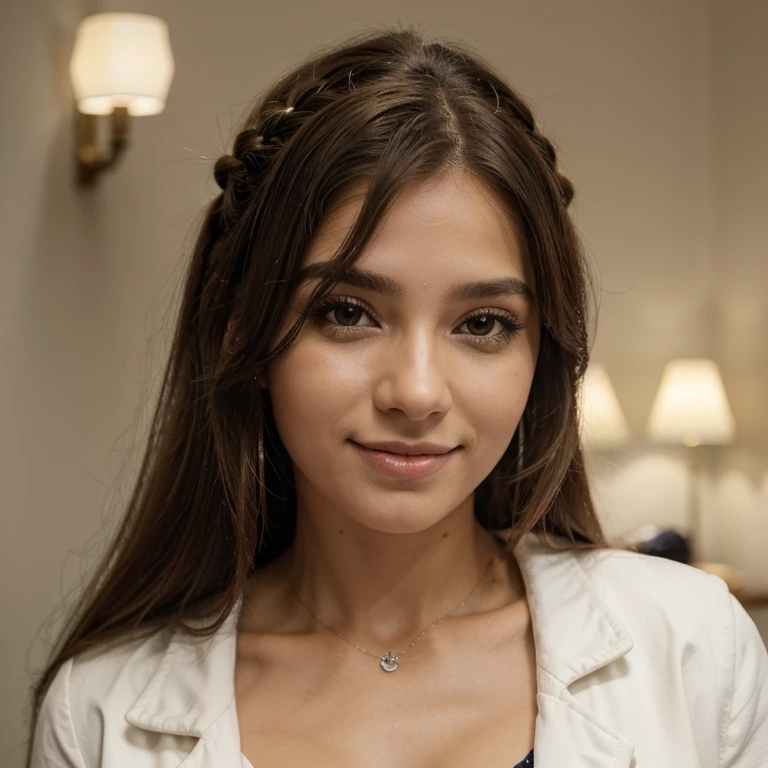 Criar minha foto com penteado rabo de cavalo, cabelo castanho, right hand sign of v for victory,  piscando o olho direito,  com um sorriso.1 garota, olho estrela, corar, perfect lighting, olhos castanhos, side lighting, franja, pele brilhante, jaqueta branca, fundo simples
