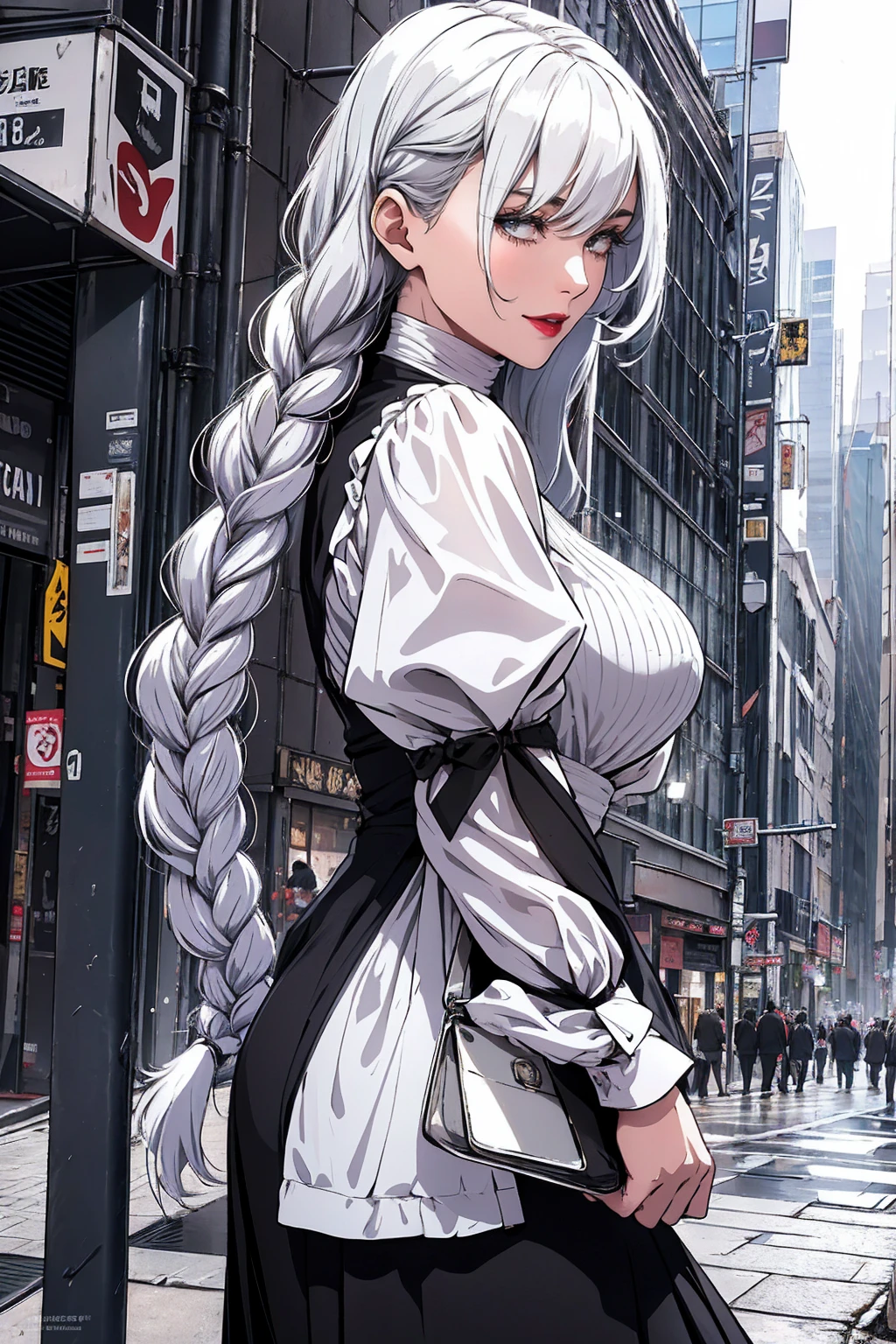 ultra realistic 8k cg, masterpiece, ((ultra detailed background, delicate pattern, intricate detail)), (highly detailed, fine details), best quality, 1girl, (photorealistic:1.4),beautiful lighting, absurdres, RAW photo, film grain, ((medium breasts, slim girl)), 1girl, MeiMei, solo, long hair, braid, dress, hair over one eye, smile, long sleeves, braided bangs, black dress, braided ponytail, white hair, puffy sleeves, holding, turtleneck dress, makeup, grey hair, red lips, one eye covered, lipstick, parted lips, single braid, (complex detailed background, outside, urban environment, cowboy shot, dinamic poses