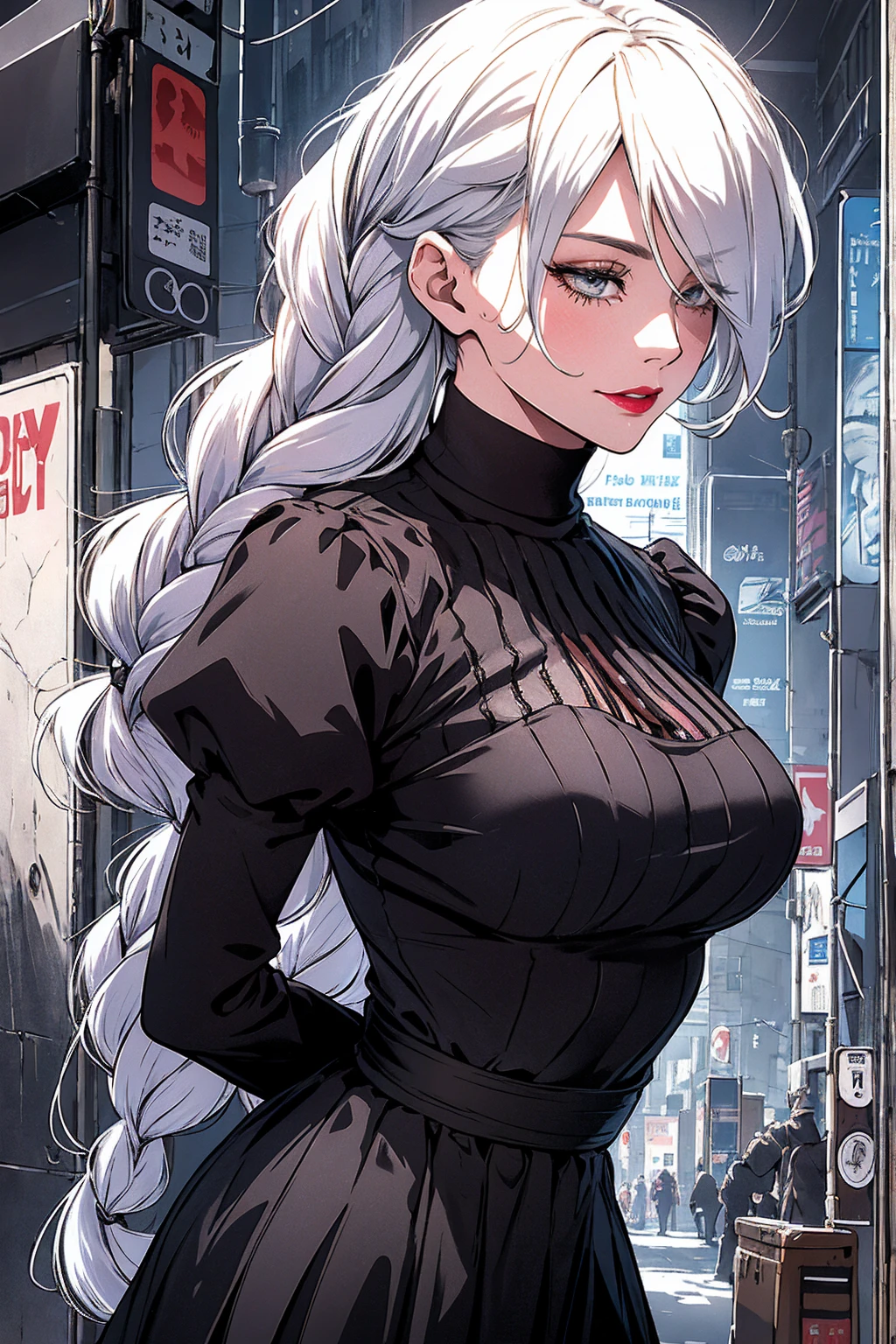 ultra realistic 8k cg, masterpiece, ((ultra detailed background, delicate pattern, intricate detail)), (highly detailed, fine details), best quality, 1girl, (photorealistic:1.4),beautiful lighting, absurdres, RAW photo, film grain, ((medium breasts, slim girl)), 1girl, MeiMei, solo, long hair, braid, dress, hair over one eye, smile, long sleeves, braided bangs, black dress, braided ponytail, white hair, puffy sleeves, holding, turtleneck dress, makeup, grey hair, red lips, one eye covered, lipstick, parted lips, single braid, (complex detailed background, outside, urban environment, cowboy shot, from behind),