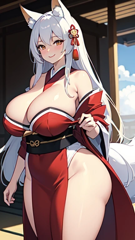 (((masterpiece))),(((best qualtiy))),((Ultra detail)),(illustration)，huge tit，1girl, Dummy thicc, Exposed kimono，Kitsune wife in japanese palace, Facing the audience ，Take off half of your kimono，Long straight silver hair，Largest breasts，Clean smooth and delicate white silk long legs，Gorgeous red Japanese kimono , Fox ears and nine flufy fox tails , Thicc thighs , Tall woman , Seductive smile , Horny