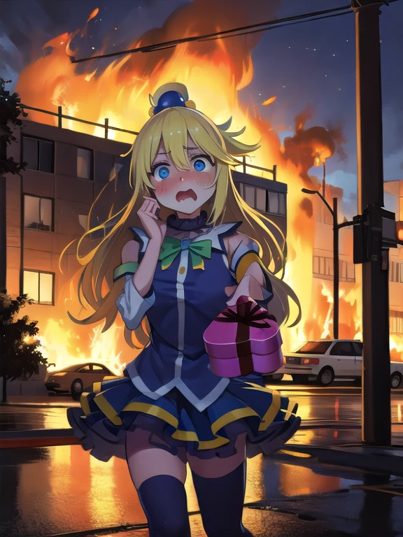 alta calidad, Obra maestra, 1 chica, IncrsRegalo, Regalo entrante, agua \(konosuba\), blue eyes, aguagritando, gritando, boca abierta, llorando con los ojos abiertos, incendio, fuego en el fondo, Edificio en llamas, al aire libre, noche, auto crash, auto,