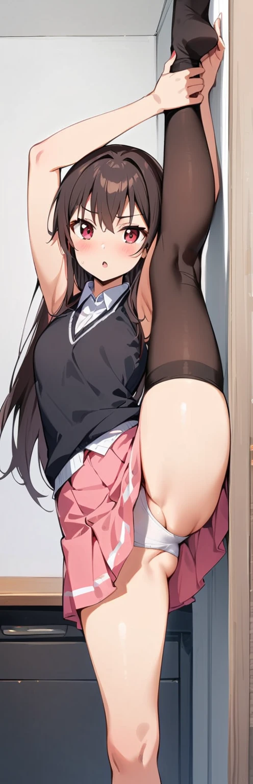 (masterpiece, best quality:1.2), 1girl, solo,standing_split,
Yuuki Mikan, long hair,black sleeveless short vest,pink skirt,black
