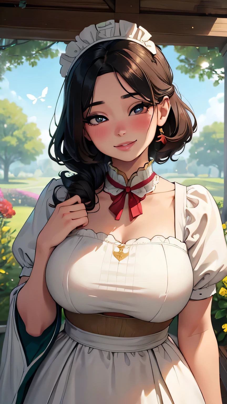 1girl, (cute asian idol:1.1,big-breasted:1.1,maid outfit:1.1),vivid colors,realistic lighting,portraits,soft shadows,masterpiece,highres,HDR,charming smile,detailed eyes,long eyelashes,delicate nose,luscious lips,rosy cheeks,warm and cozy atmosphere,peaceful garden background,beautiful flowers,butterflies flying around,gentle sunlight,lovingly caring for two adorable children,playful expressions and giggles,colored leaves gently falling from trees,blushing cheeks,meticulous attention to detail,impeccable composition,impressive skill and craftsmanship,ultra-fine painting,dreamy and enchanting,joyful and heartwarming.