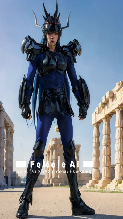 Close-up of a man in costume standing in front of a building, Wearing tech clothing and armor, Female armor, dark Blue leather armor, Blue leather armor, Knight of the zodiac girl, sigma women, Blue armor, navy Blue armor, dragon inspired Blue armor, wearing futuristic armor, æon flux style mix, Very stylish fantasy armor, Armor young warrior