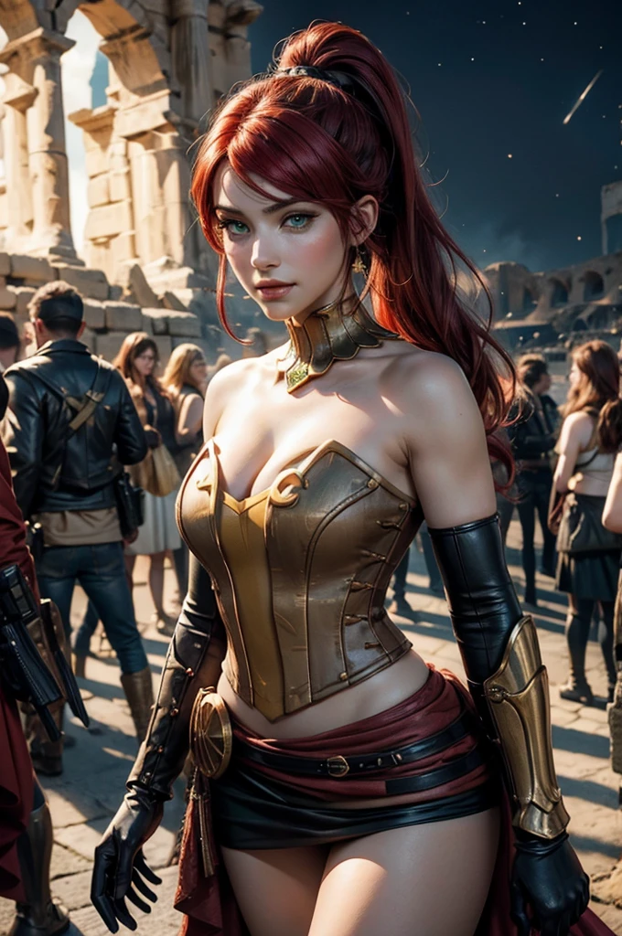 stunning girlfriend, heart shaped face, elegant face, beautiful face, highly detailed face, highly detailed skin, skin pores, subsurface scattering, realistic pupils, full lips, detailed background, depth of field, atmospheric perspective, volumetric lighting, sharp focus, absurdres, realistic proportions, good anatomy, (realistic, hyperrealistic:1.4), 16k hdr, ((best quality)), ((highly detailed)), absurdres, (detailed eyes, deep eyes), (1girl), full body, pyrrha nikos, rwby, red hair, ponytail, green eyes, medium breasts, smiling, circlet, bustier, bare shoulders, skirt, elbow gloves, bracers, armored boots, (night, stars, inside Colosseum, crowd, (crowd wearing traditional Greek clothing))