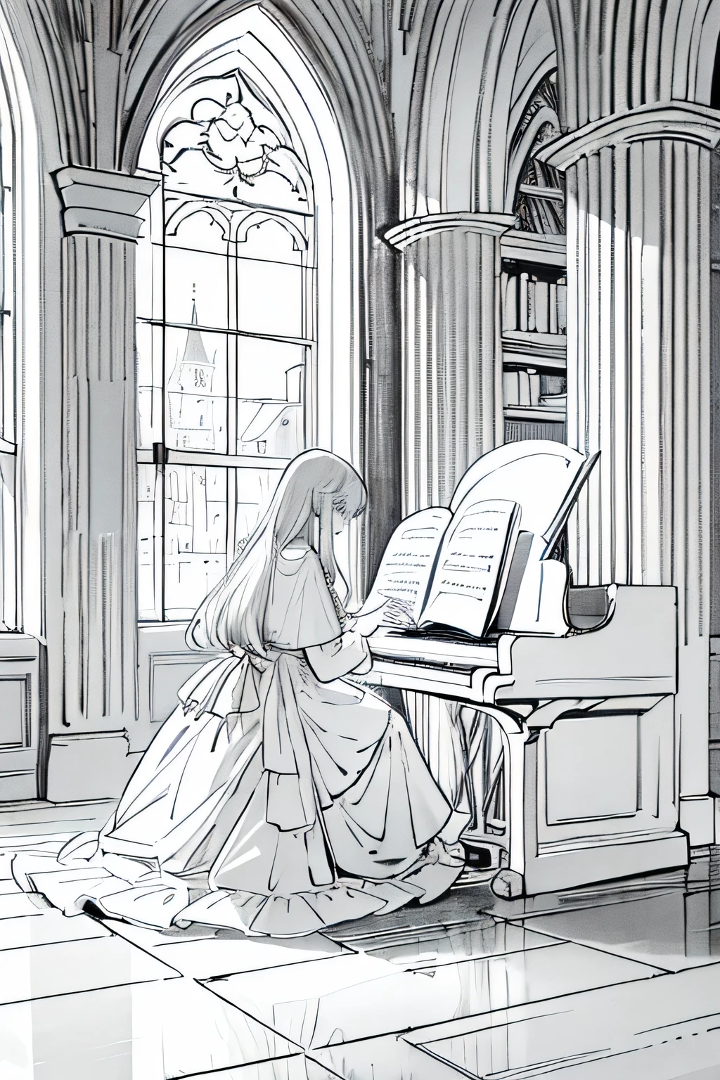coloring page coloring pages, in the style of light beige and silver, playing piano, indoor, castle, rich, cozy, bookshelf