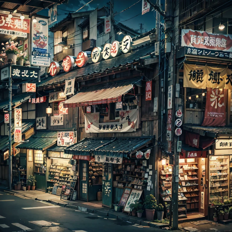 anime background, anime wallpaper, highest quality, anime, anime style, anime vibe, anime scene, Retro Tokyo Shop, 80s style Japanese retro shop, A roadside shop overlooking the city, Japan, nighttime, night time, night, dark, Illuminated view from inside the store, big retro Japanese shop signs, Japanese shop banner, Japanese billboards, Japanese shop signs, Japanese signs, Japanese banner, banner, flower pot, Garbage can, Ventilation holes, ditch, telephone wire, wire, cable, ventilation system, (no one: 1), no one in sight, Empty scene