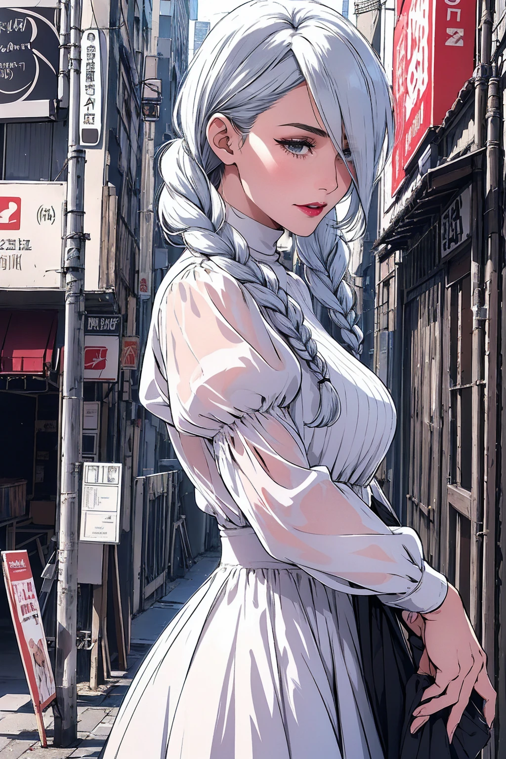 ultra realistic 8k cg, masterpiece, ((ultra detailed background, delicate pattern, intricate detail)), (highly detailed, fine details), best quality, 1girl, (photorealistic:1.4),beautiful lighting,  absurdres, RAW photo, film grain, ((medium breasts, slim girl)), 1girl, MeiMei, solo, long hair, braid, dress, hair over one eye, smile, long sleeves, braided bangs, black dress, braided ponytail, white hair, puffy sleeves, holding, turtleneck dress, makeup, grey hair, red lips, one eye covered, lipstick, parted lips, single braid, (complex detailed background, outside, urban environment, cowboy shot, from behind),