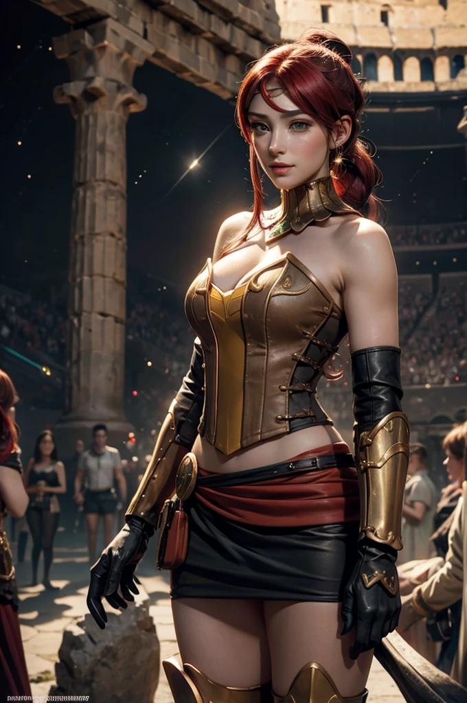 stunning girlfriend, heart shaped face, elegant face, beautiful face, highly detailed face, highly detailed skin, skin pores, subsurface scattering, realistic pupils, full lips, detailed background, depth of field, atmospheric perspective, volumetric lighting, sharp focus, absurdres, realistic proportions, good anatomy, (realistic, hyperrealistic:1.4), 16k hdr, ((best quality)), ((highly detailed)), absurdres, (detailed eyes, deep eyes), (1girl), full body, pyrrha nikos, rwby, red hair, ponytail, green eyes, medium breasts, smiling, circlet, bustier, bare shoulders, skirt, elbow gloves, bracers, armored boots, (night, stars, inside Colosseum, crowd, (crowd wearing traditional Greek clothing))