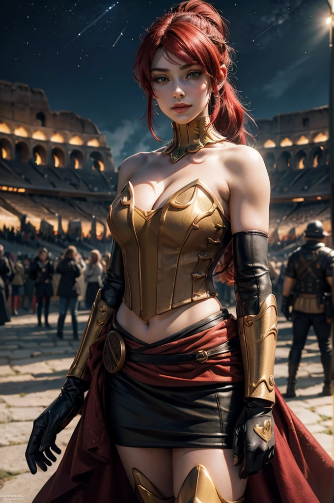 stunning girlfriend, heart shaped face, elegant face, beautiful face, highly detailed face, highly detailed skin, skin pores, subsurface scattering, realistic pupils, full lips, detailed background, depth of field, atmospheric perspective, volumetric lighting, sharp focus, absurdres, realistic proportions, good anatomy, (realistic, hyperrealistic:1.4), 16k hdr, ((best quality)), ((highly detailed)), absurdres, (detailed eyes, deep eyes), (1girl), full body, pyrrha nikos, rwby, red hair, ponytail, green eyes, medium breasts, smiling, circlet, bustier, bare shoulders, skirt, elbow gloves, bracers, armored boots, (night, stars, inside Colosseum, crowd, (crowd wearing traditional Greek clothing))