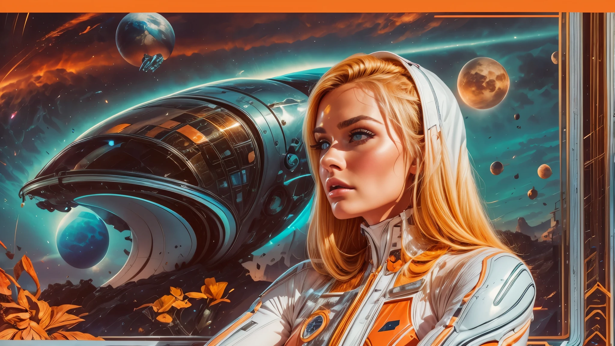 arafed image of a white woman in a futuristic suit with a spaceship in the background, movie art, in front of an orange background, inspired by Robert McGinnis, female protagonist, megastructure in the background, portrait of an ai astronaut, astronauts, an astronaut, portrait of a astronaut skeletor, perfect android girl, detailed eyes, frank franzzeta and sakimichan