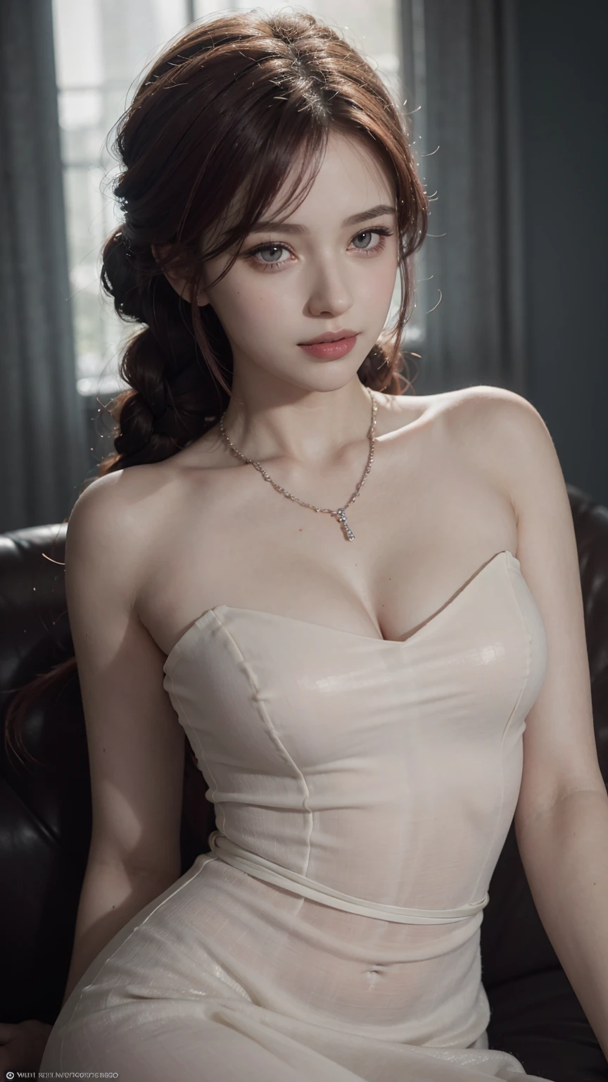 (RAW photo, best quality), (realistic, photo-realistic:1.3), very pale skin, Ultra Detailed Face, Detailed Lips, black lipstick, Fine Eyes, double eyelids, extremely delicate and beautiful, Amazing, finely detail, masterpiece, ultra-detailed, highres, best illustration, best shadow, intricate, depth of field, ((((low key,dark scene,dimly lit)))),(((soft lighting:1.4))),(pale skin:1.4),(shy smile),(cinematic angle),sharp focus, volumetric fog, 8k UHD, DSLR, high quality,( film grain:1.4), Fujifilm XT3,(looking at viewer), pale skin, ((masterpiece))、(((highest quality)))、photorealistic, Raw photography, An illustration、1 girl、8k, RAW Photography, portrait, top-quality, ultra high resolution, Braid, piercings, Photorealistic, a adorable girl, full bodyesbian, red hair, Green eyes, a necklace, a smile, eye lashes, cinema lighting, depth of fields, lens-flare, camisole, masterpiece, extremely detailed eyes and face, bokeh, silky smooth skin, long beautiful hair, gray nit short dress, full body shot, 14 year old 