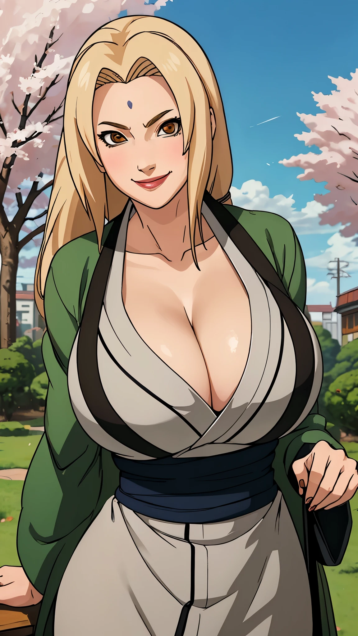 masterpiece， Best quality at best， (1girl)， Tsunade Senju， Large breast，（cleavage)，（upperbody closeup)，Raised sexy， shy，smile，long blonde hair, （brown eyeballs:1.4)， the cherry tree, busty figure, huge breats, busty, cleavage 