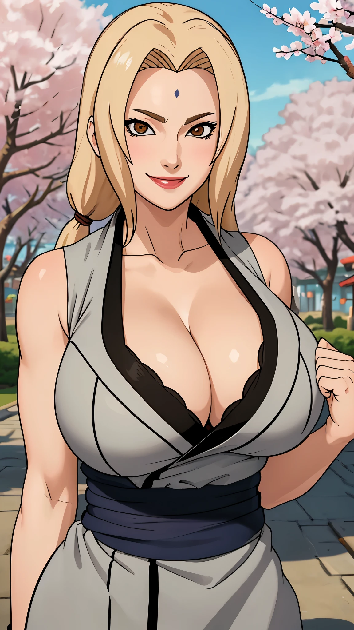 masterpiece， Best quality at best， (1girl)， Tsunade Senju， Large breast，（cleavage)，（upperbody closeup)，Raised sexy， shy，smile，long blonde hair, （brown eyeballs:1.4)， the cherry tree, busty figure, huge breats, busty, cleavage 