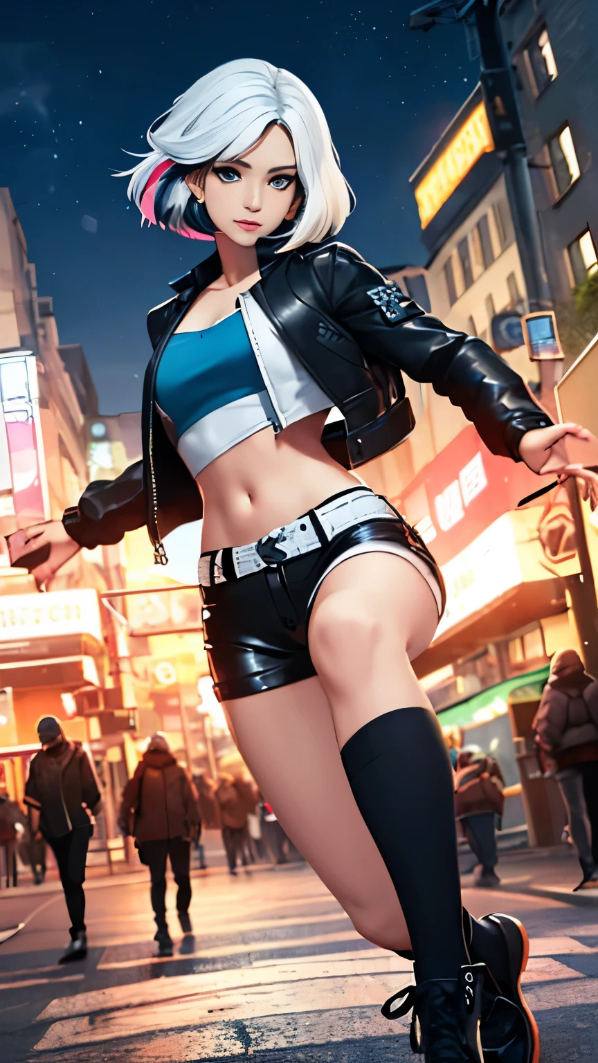 (Highly quality, masterpiece, detailed), night snowing city detailed scenario, night snowing city detailed background, 20 years old girl, solo, luna_snow, black hair, white hair, multi-colored hair, short hair, blue eyes, white eyes, multicolored eyes, black Leather crop top jacket, white leather shorts, white midriff, blue midriff, multicolored midriff, black footwear, white socks, blue socks, navel, perfect face, beautiful eyes, looking at the viewer, Sexy pose