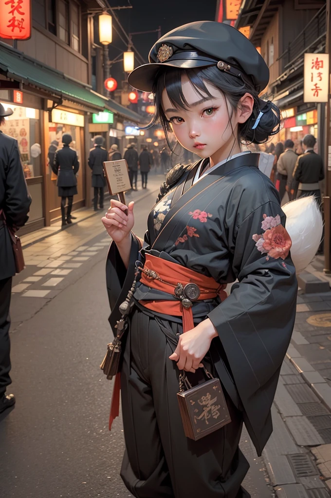 (highest quality、4k、8k、High Resolution、masterpiece:1.2)、Super detailed、Real、Photorealistic:1.37、An illustration、oil、steampunkスタイル、Bright colors、Portrait、Night view、Japanの女の子、battle、-yeld giSmall white fox on shoulder、Red Eyes、白いBobのヘアカット、blue beret、kimono、Military jacket、Knee-length rounded trouserilitary boots、gun、night market、Night Carnival、Coal mine、underground、Taisho period、Japan、There are many signboards、Chinese character、Gray Hair、Bob、underground、battle中、Aerial、Cool pose、Taisho period、steampunk、There are many signboards,Line train,Stylish,Blue clothes