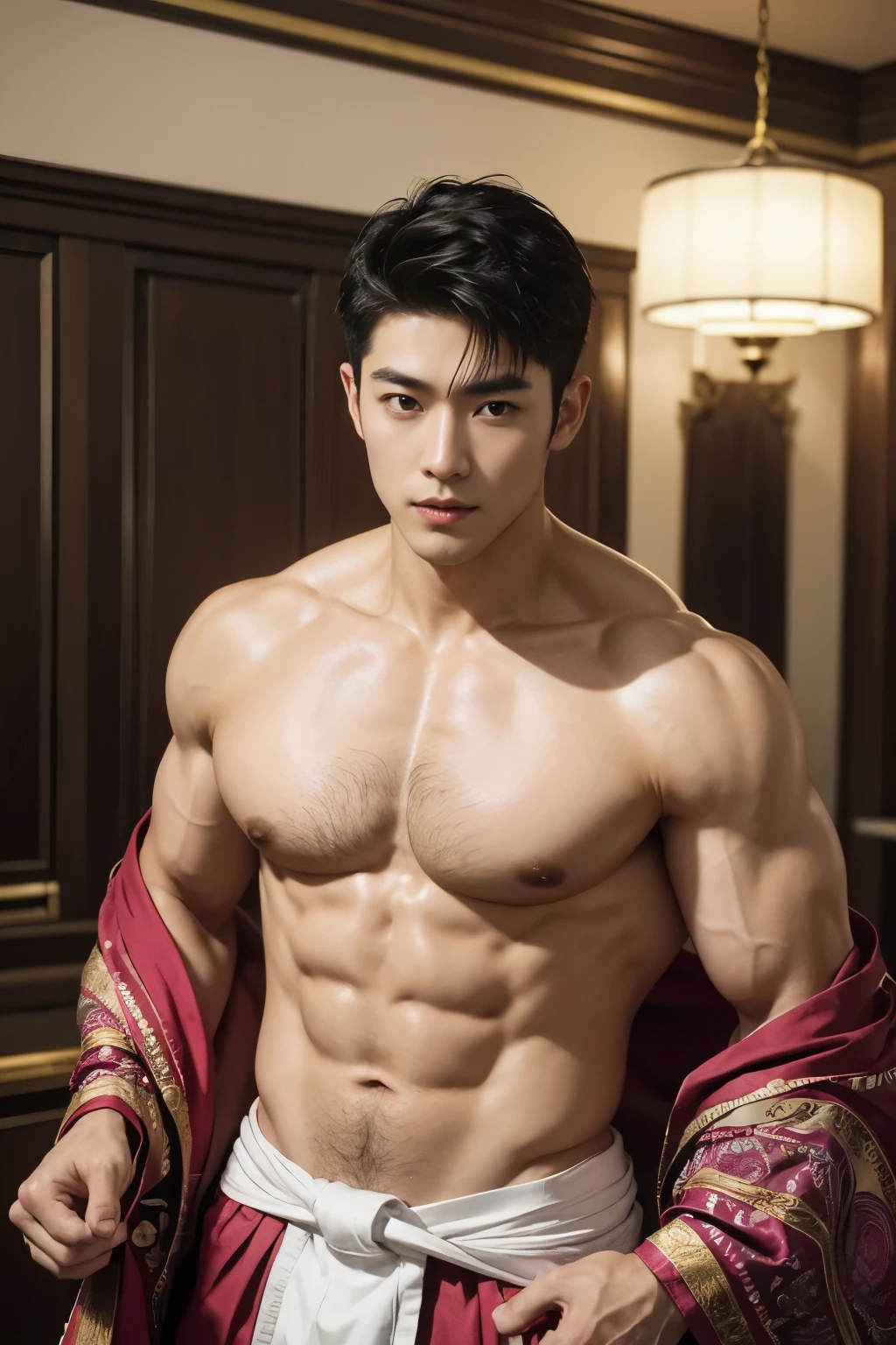 2024 Paris Collection, Korean man famous strong muscular handsome macho firefighter man with short hair, manly Korean face, kind eyes, sunlight shining on his face, luxurious palace of Versailles in medieval Paris, France A handsome 29-year-old Korean man who likes men, with a strong muscular body, is walking in a wild pose facing forward in a colorful loincloth with a beautiful and flashy pattern made of thin silk Yuzen made by fashion designer Yumi Katsura at a ballroom. A man with hair all over his body, well-developed buttocks muscles, and the front part of his loincloth swells and bulges out as a symbol of masculinity. A skinhead, standing in a Korean loincloth, facing forward. Hairy males, thick chest hair, thick shin hair, and many beautiful colorful flowers. A handsome shirtless Korean man with a loincloth big bulge in front of his crotch, a symbol of masculinity. Shirtless man 29 year old korean man, handsome man, muscular man, strong muscles, masculine expression, strong muscles, masculine expression, bright complexion, staring at the camera, big bulge