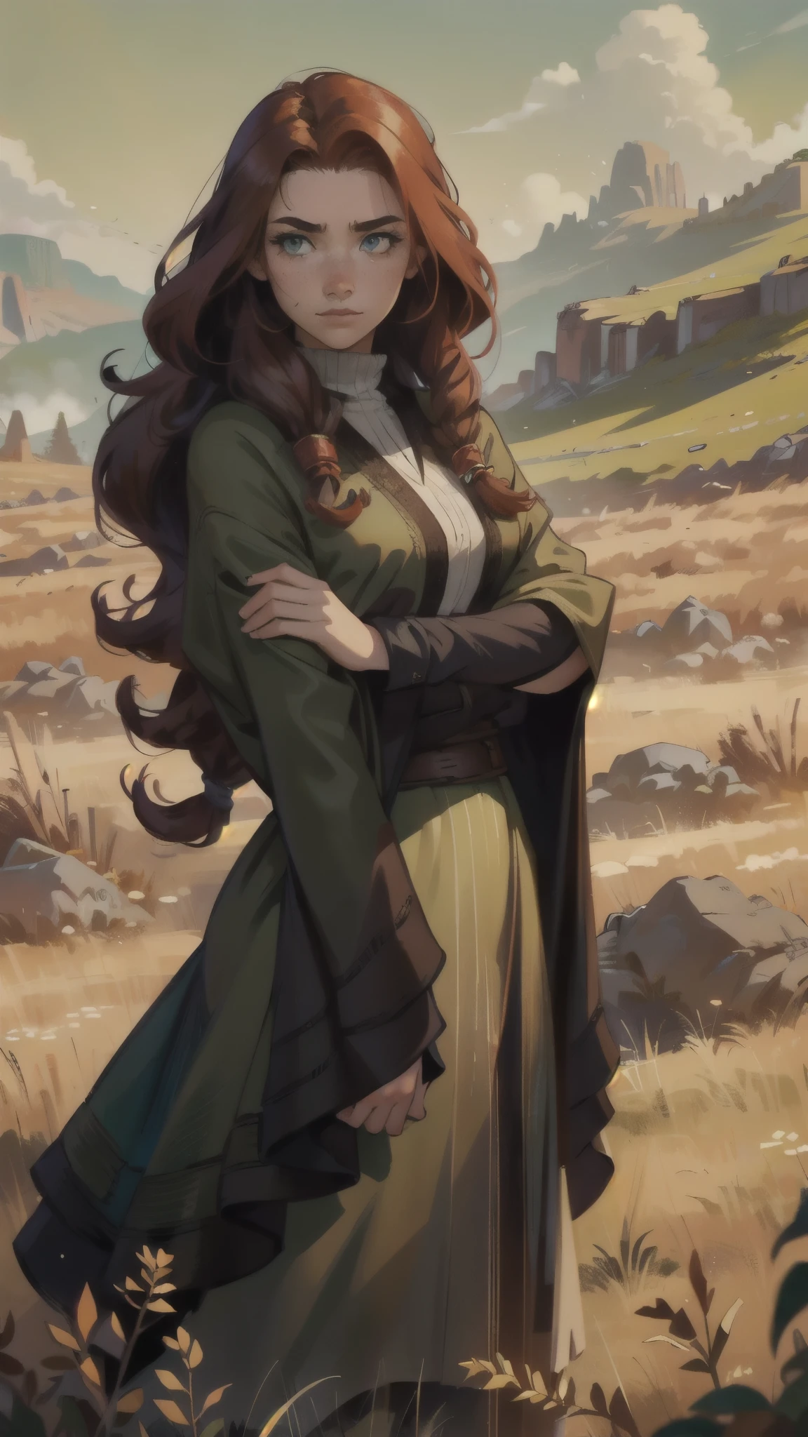 1 female, black poncho, grass field, long red curly hair, green eyes, cute freckles
Arms folded