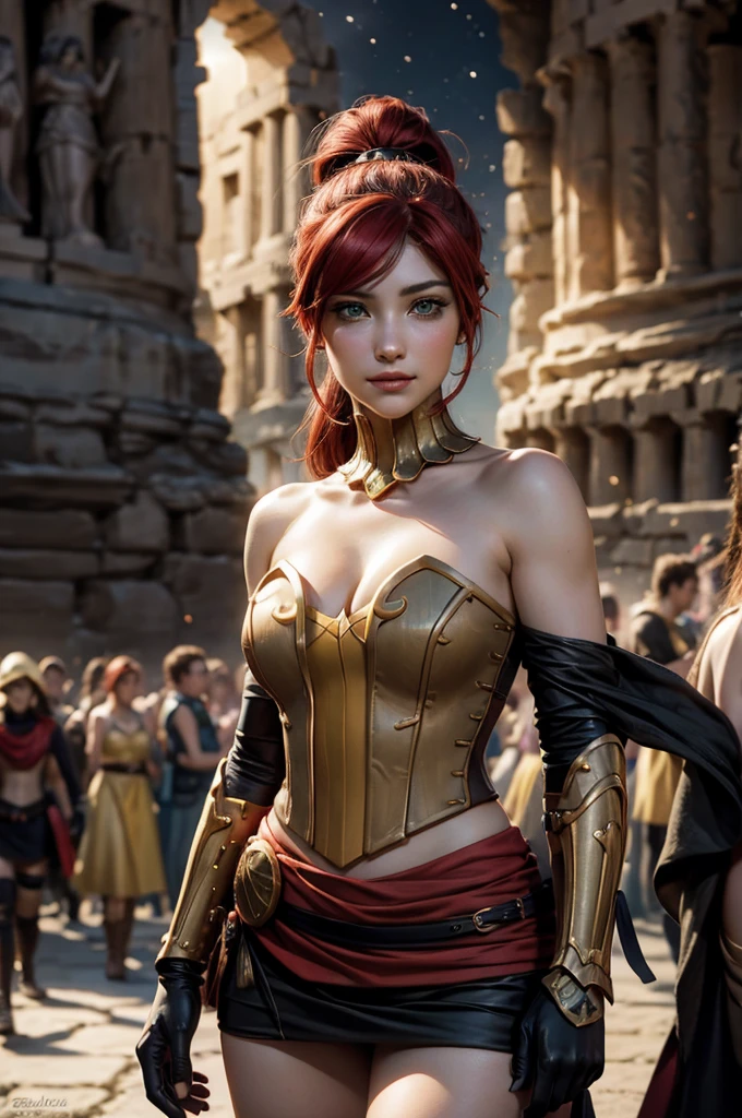 stunning girlfriend, heart shaped face, elegant face, beautiful face, highly detailed face, highly detailed skin, skin pores, subsurface scattering, realistic pupils, full lips, detailed background, depth of field, atmospheric perspective, volumetric lighting, sharp focus, absurdres, realistic proportions, good anatomy, (realistic, hyperrealistic:1.4), 16k hdr, ((best quality)), ((highly detailed)), absurdres, (detailed eyes, deep eyes), (1girl), full body, pyrrha nikos, rwby, red hair, ponytail, green eyes, medium breasts, smiling, circlet, bustier, bare shoulders, skirt, elbow gloves, bracers, armored boots, (night, stars, inside Colosseum, crowd, (crowd wearing traditional Greek clothing))