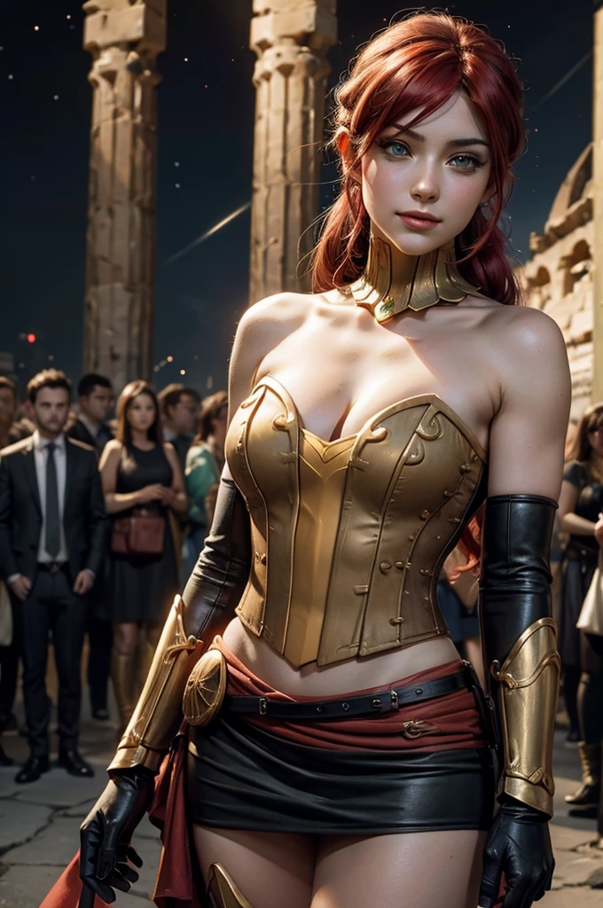 stunning girlfriend, heart shaped face, elegant face, beautiful face, highly detailed face, highly detailed skin, skin pores, subsurface scattering, realistic pupils, full lips, detailed background, depth of field, atmospheric perspective, volumetric lighting, sharp focus, absurdres, realistic proportions, good anatomy, (realistic, hyperrealistic:1.4), 16k hdr, ((best quality)), ((highly detailed)), absurdres, (detailed eyes, deep eyes), (1girl), full body, pyrrha nikos, rwby, red hair, ponytail, green eyes, medium breasts, smiling, circlet, bustier, bare shoulders, skirt, elbow gloves, bracers, armored boots, (night, stars, inside Colosseum, crowd, (crowd wearing traditional Greek clothing))