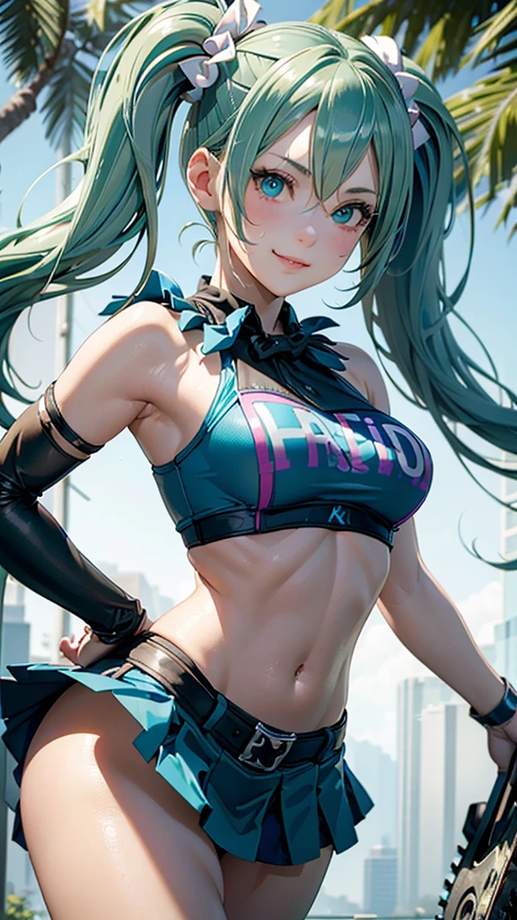 Super detailed, NSFW, masterpiece, High resolution, Photorealistic digital art, perfect lighting, (((1 girl, perfect anatomy))), accurate right hand, accurate left hand, five fingers, perfect style, shy smile, (hatsune miku,) 3d face, big light blue-green eyes, glossy lips, blue-green long hair, shiny skin, smile, (((twin tails))), big square hair accessories, (((Juliet))), Blue cheerleader outfit, Hold the chainsaw, Focus on the groin, outdoor,