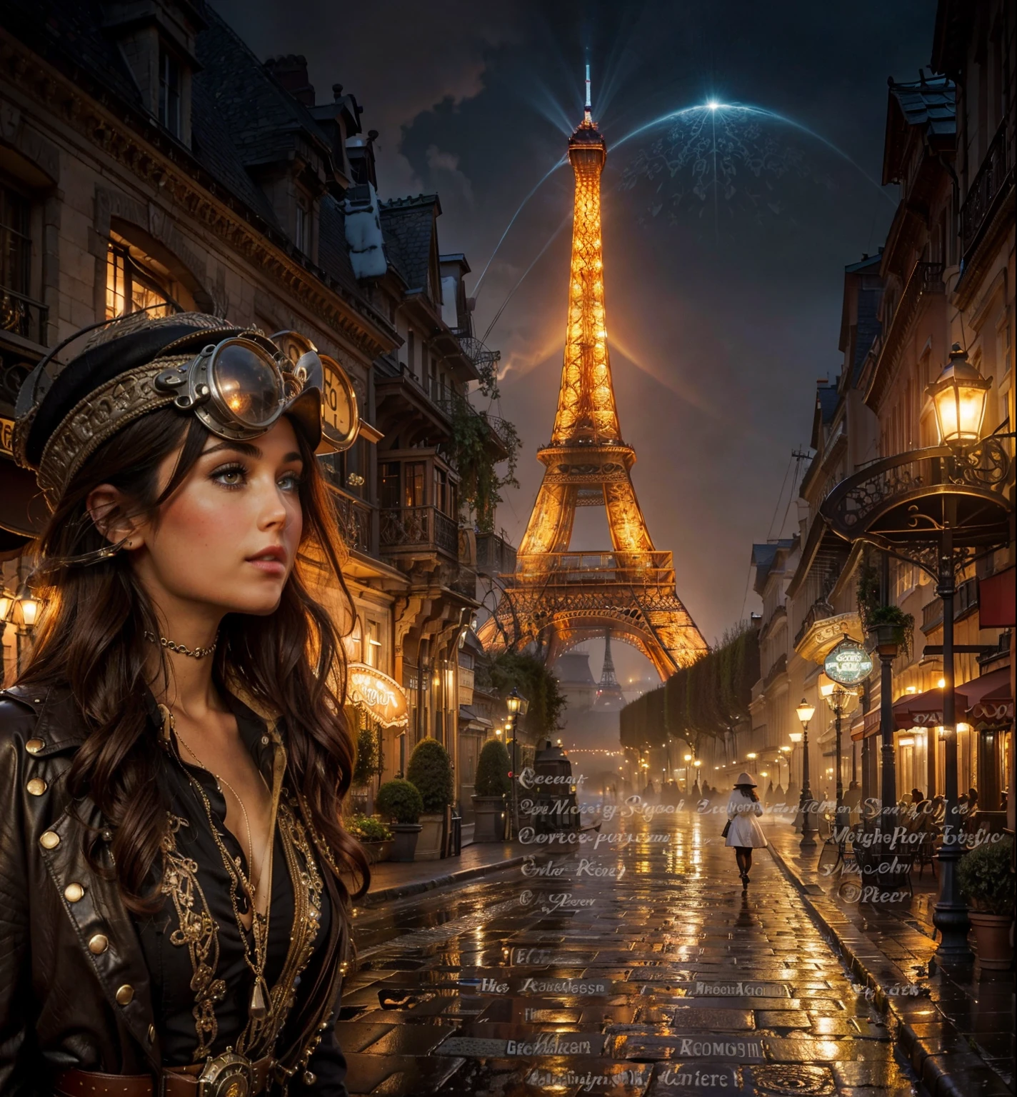 A lone woman, her beauty accentuated by the gaslight glow, strides down a slick cobblestone street veiled in swirling fog. Steampunk grandeur surrounds her: ornately decorated houses with smokestacks for chimneys, wrought-iron balconies overflowing with blooming vines, and bustling taverns with gears whirring above brightly lit signs. In the distance, the Eiffel Tower pierces the fog, its intricate latticework ablaze with electric lights that shimmer in the wet cobblestones. High above, a majestic zeppelin glides silently, its gas bag a soft luminescence against the swirling mist.