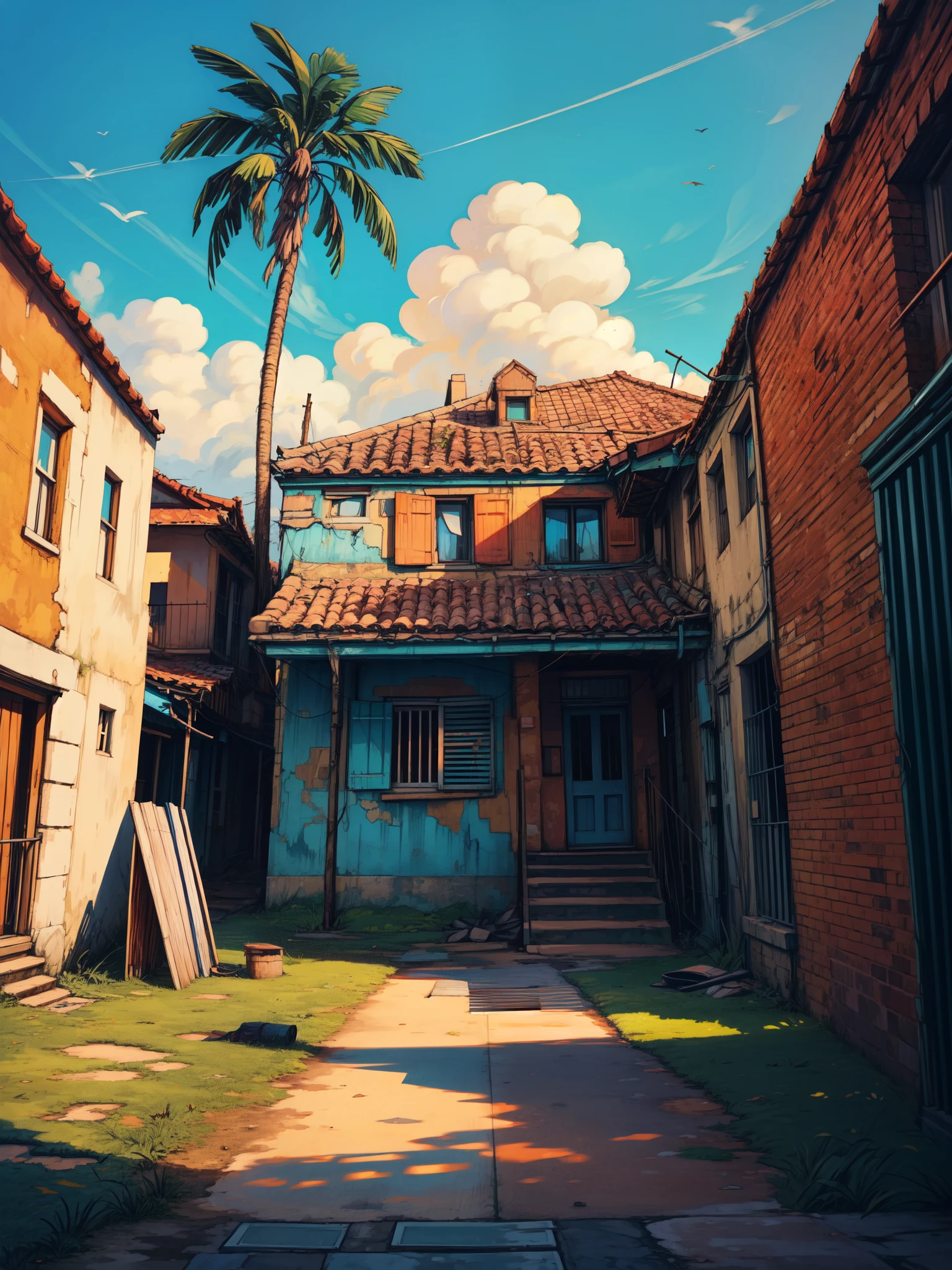 wide view, playground, forest, big palm trees, windy, vibrant blue cloudy sky, red brick walls, abandoned, lonely atmosphere, day time, micro landscape, intrinsic details