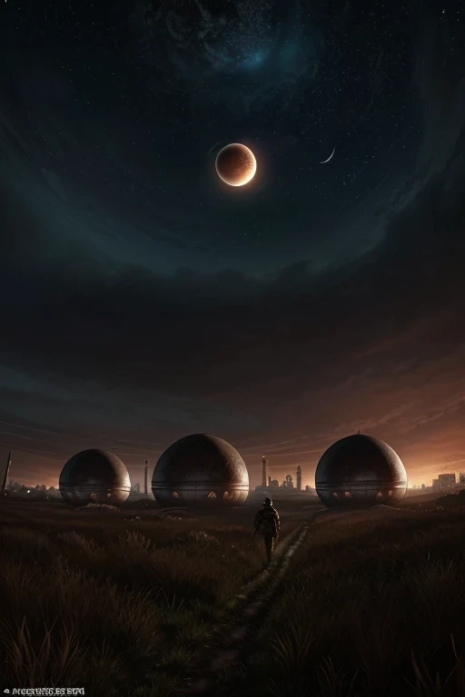 The stalker is in a world with two moons in the sky, with a dark brown sky, next to a city, in the city there are spherical houses